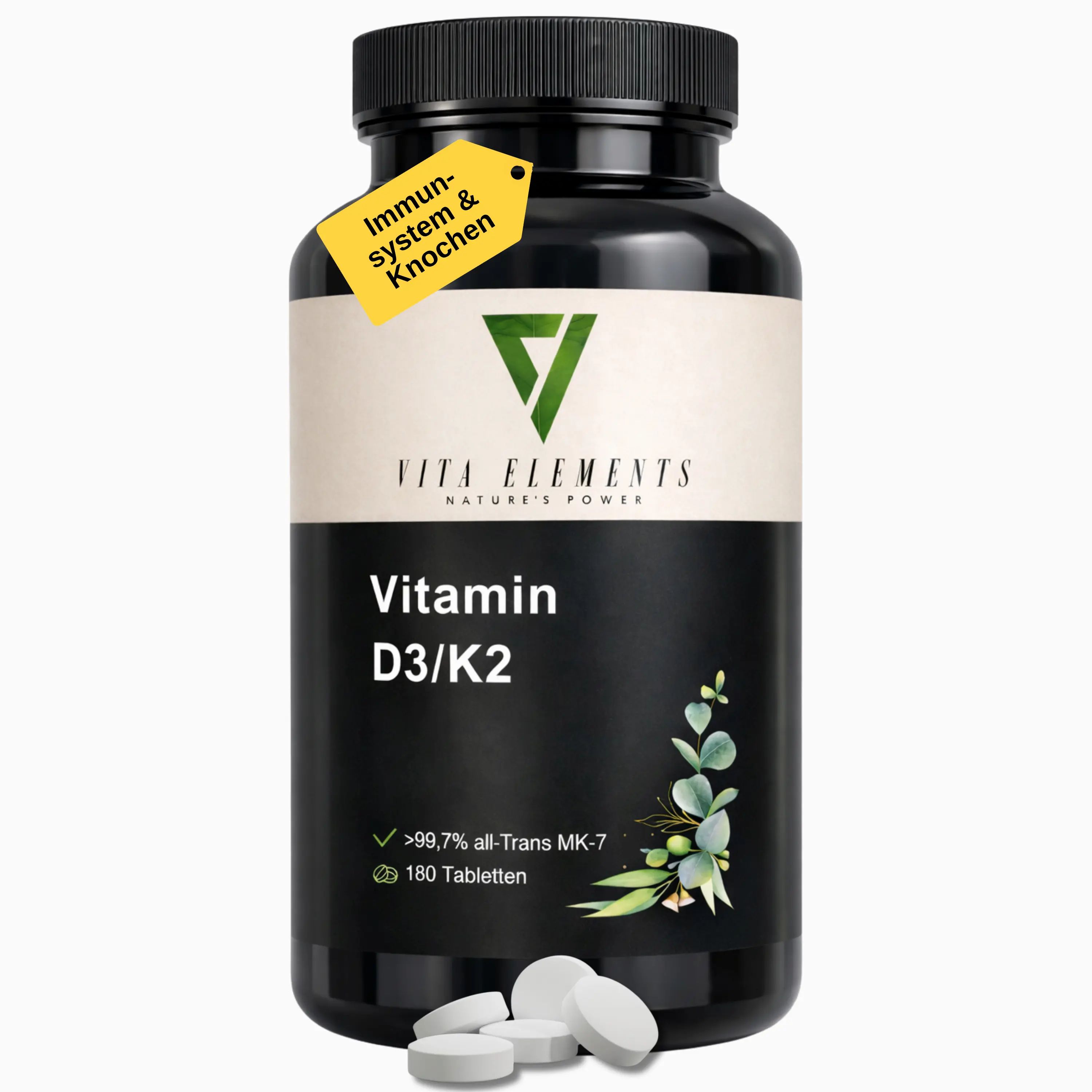 Schwarzer Behälter mit Vita Elements Vitamin D3/K2 Tabletten, 180 Stück. Gelber Anhänger: Immunsystem & Knochen.