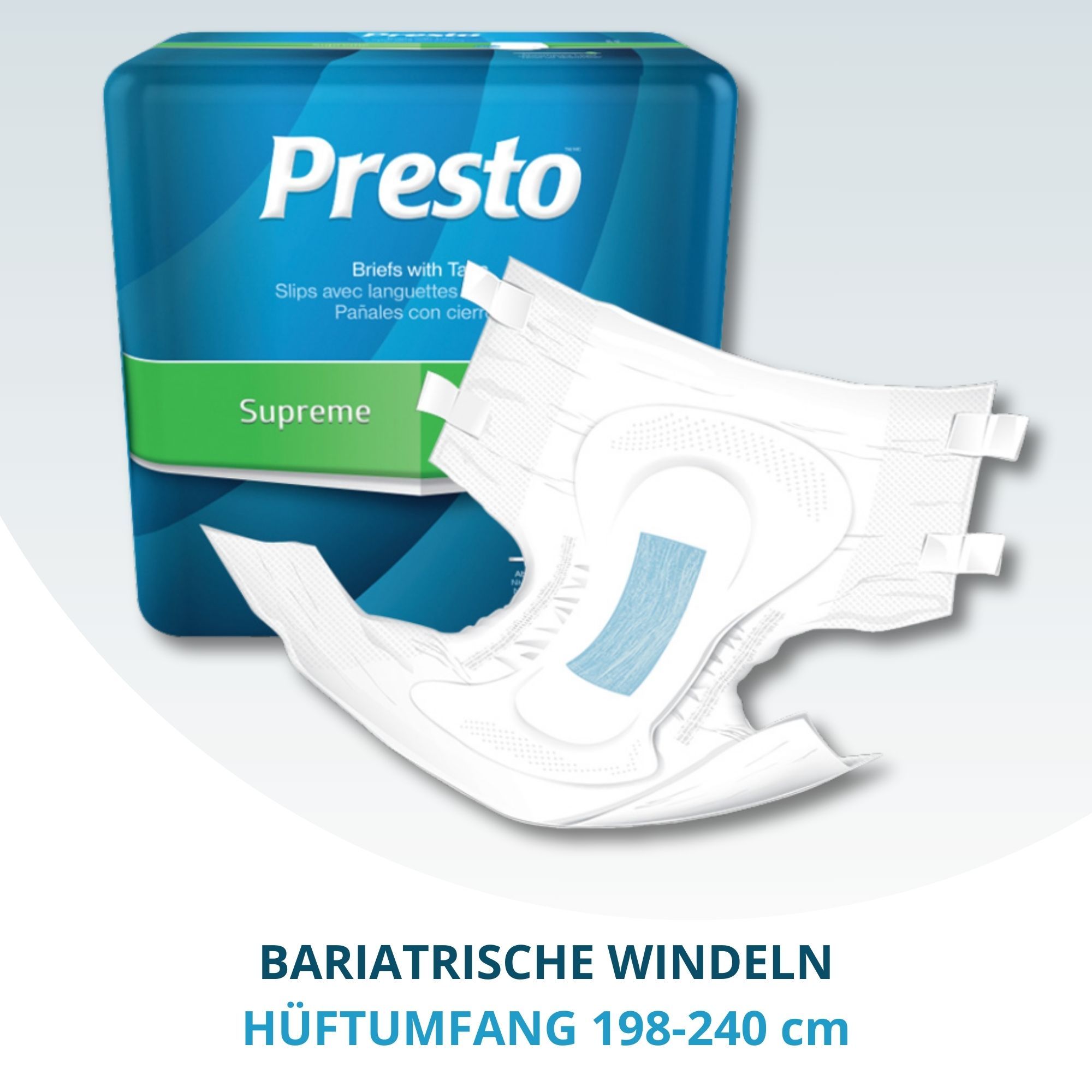 Presto Bariatrische Windel XXXL. Weiße Windel mit blauer Absorptionszone. Verpackung im Hintergrund.