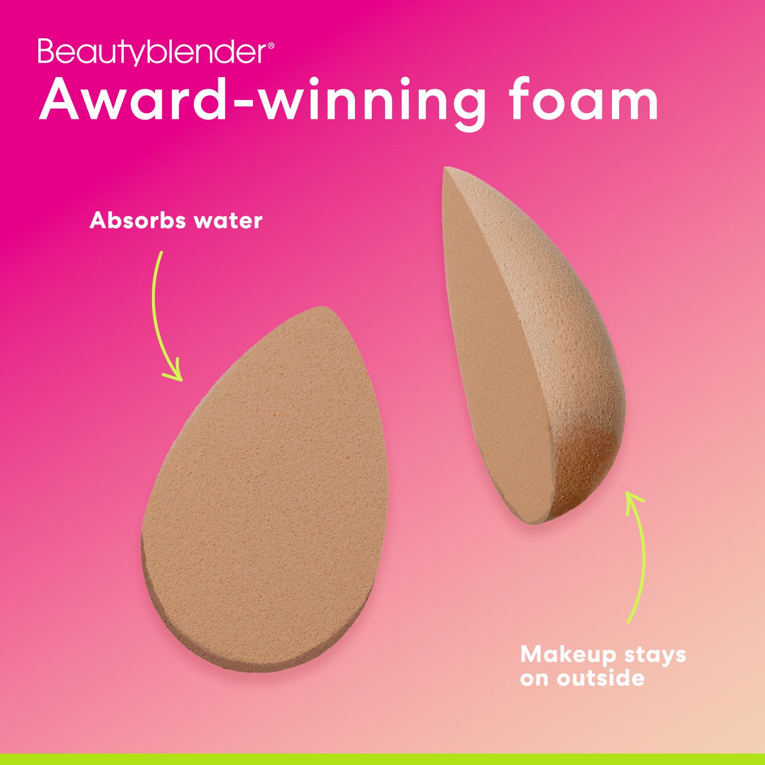 Beautyblender-Schwamm, geschnitten. Text: Award-winning foam. Absorbiert Wasser. Make-up bleibt außen. Beigefarbener Schwamm.