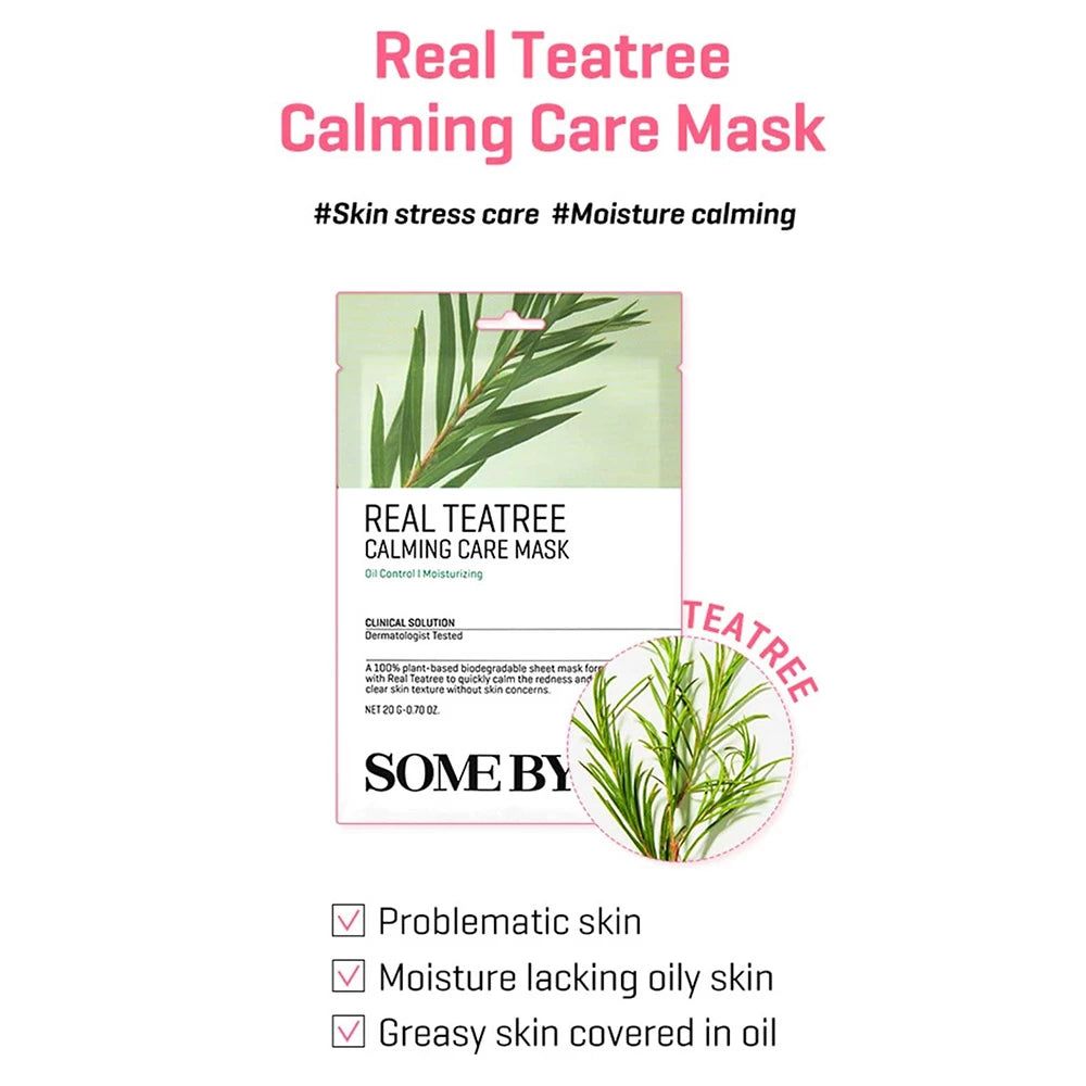 Gesichtsmaskenverpackung. Text: REAL TEA TREE CALMING CARE MASK. Marke SOME BY MI. Illustration.