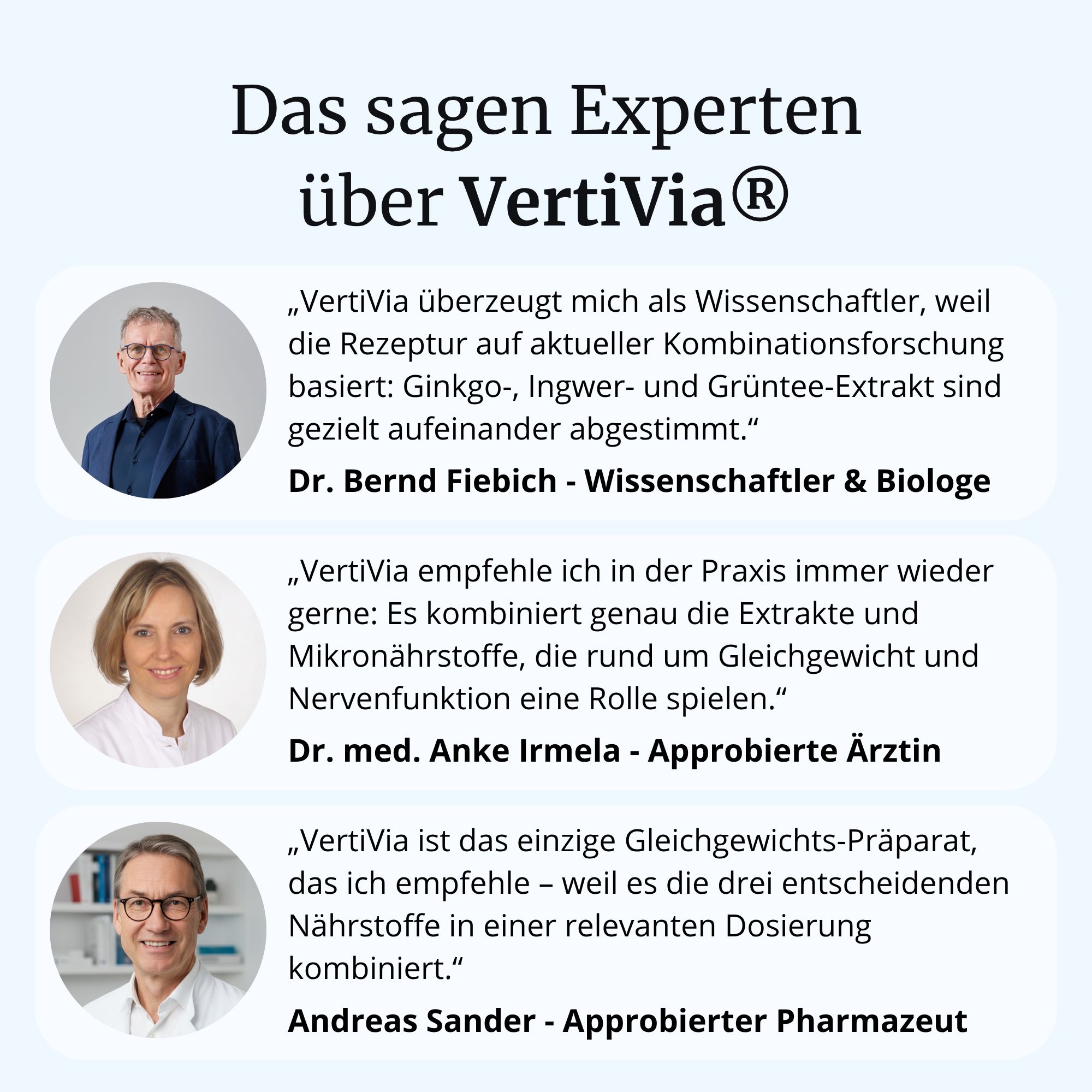 Expertenmeinungen zu VertiVia: Wissenschaftler, Ärztin und Pharmazeut loben die Rezeptur und Kombination von Nährstoffen.