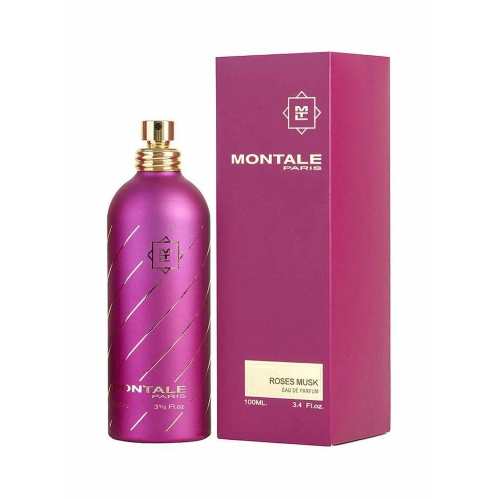 Rosa Parfumflasche und -verpackung. Aufschrift: MONTALE PARIS, ROSES MUSK. Goldene Streifen auf der Flasche.