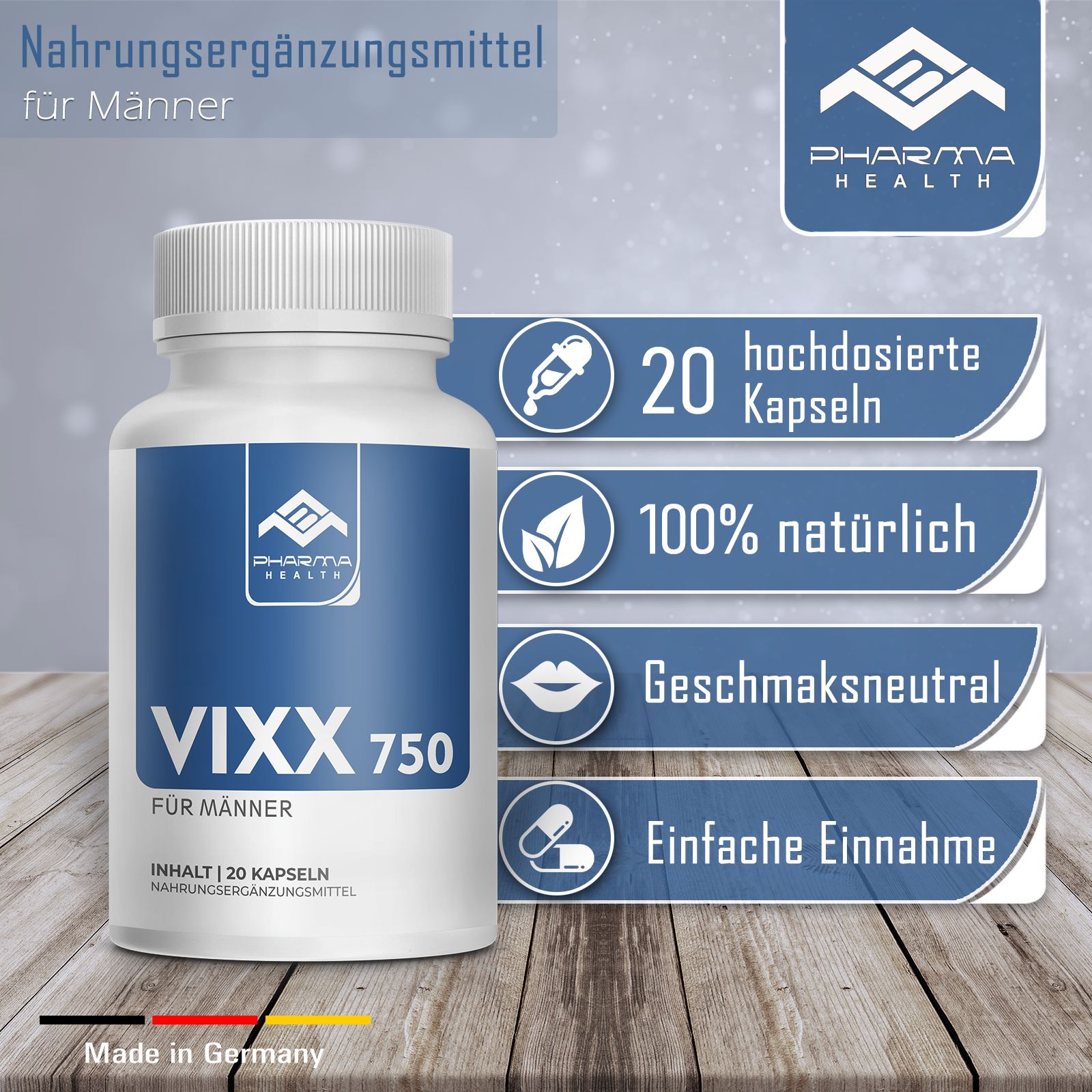 Weiße Flasche mit blauem Etikett. Aufschrift: Vixx 750 für Männer. 20 Kapseln. Zusätzliche Informationen: 20 hochdosierte Kapseln, 100% natürlich, geschmacksneutral, einfache Einnahme.