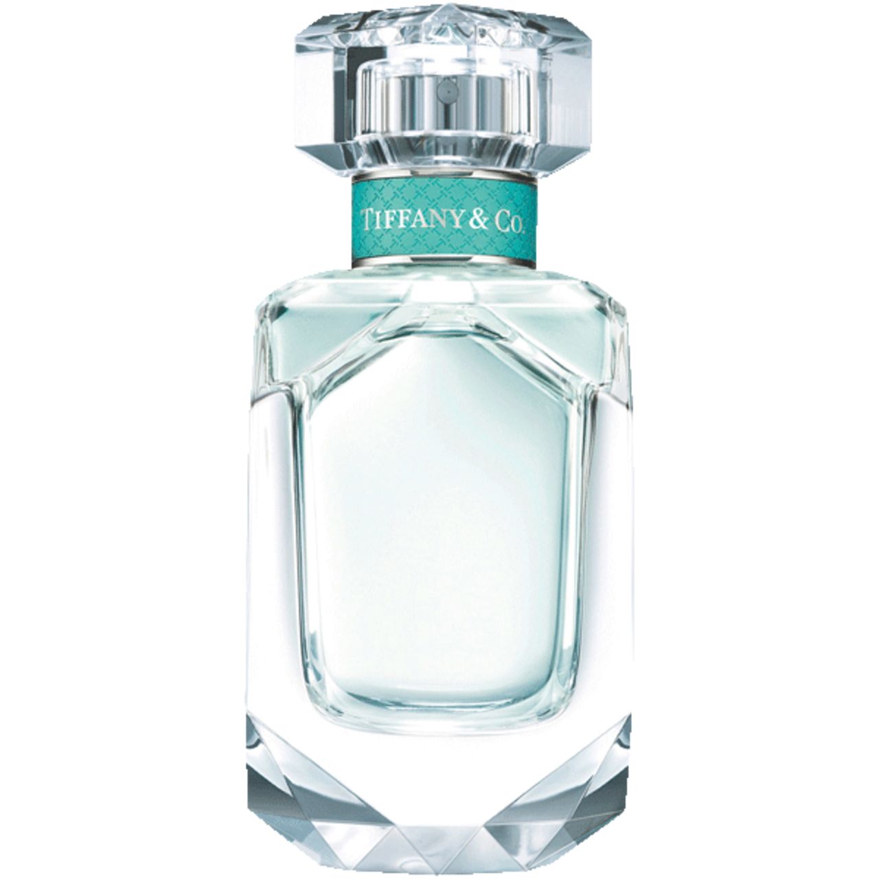 Glasflakon Tiffany & Co. mit facettiertem Boden und Deckel. Türkisfarbenes Band mit Logo. Transparente Flüssigkeit.