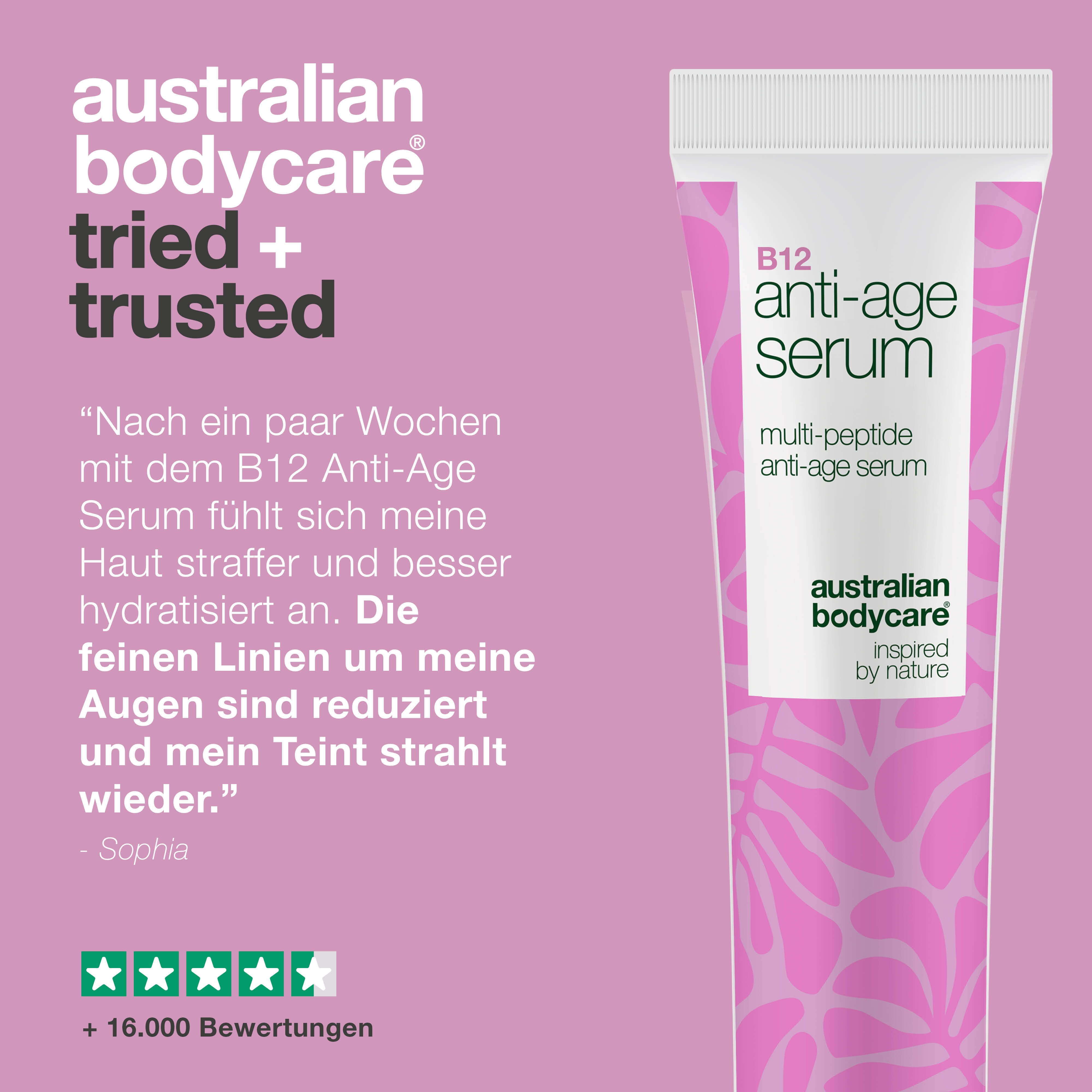 Tube Serum. Aufschrift: B12 Anti-Age Serum, Australian Bodycare. Text: Erfahrungsbericht, 5 Sterne Bewertung.