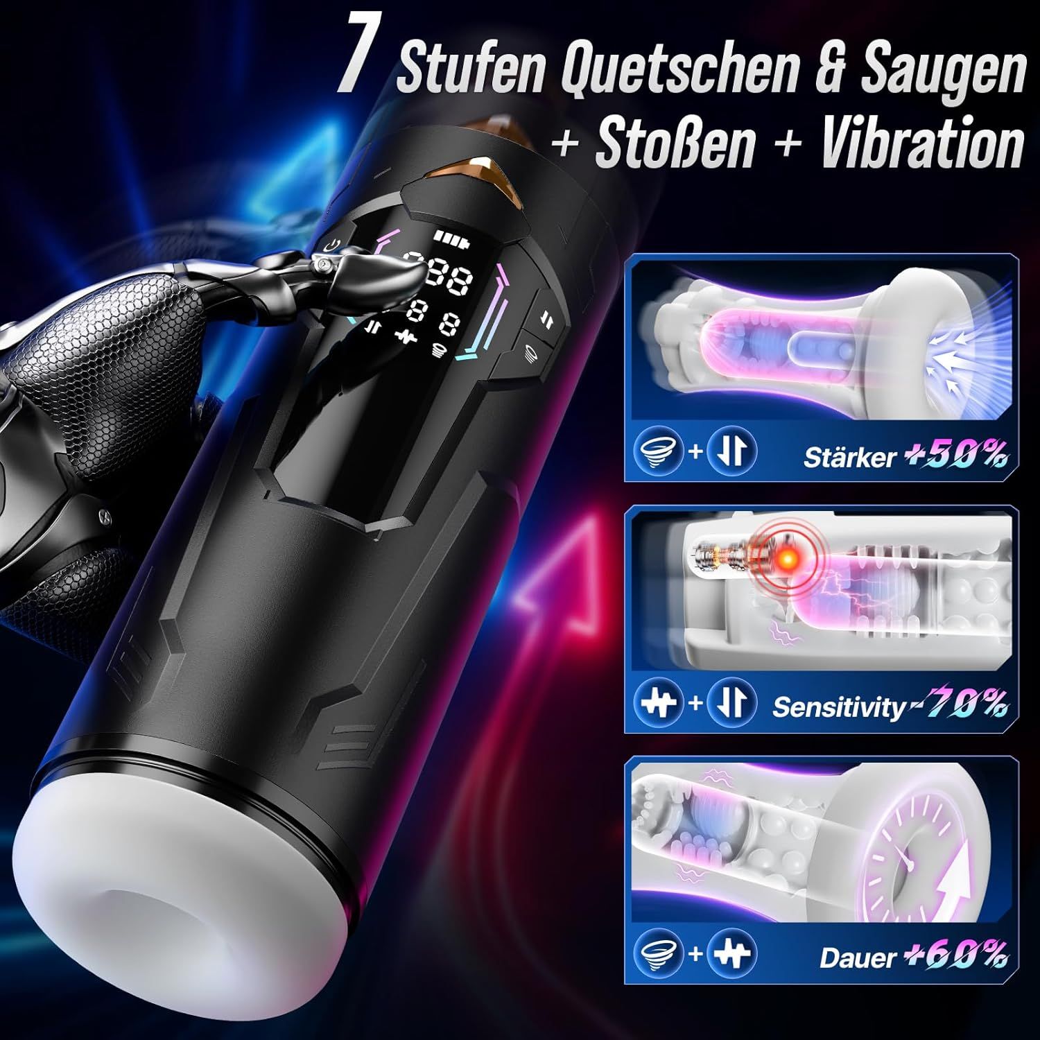 Schwarzer Vibrator mit Display, 7 Stufen Quetschen & Saugen, Stoßen und Vibration.