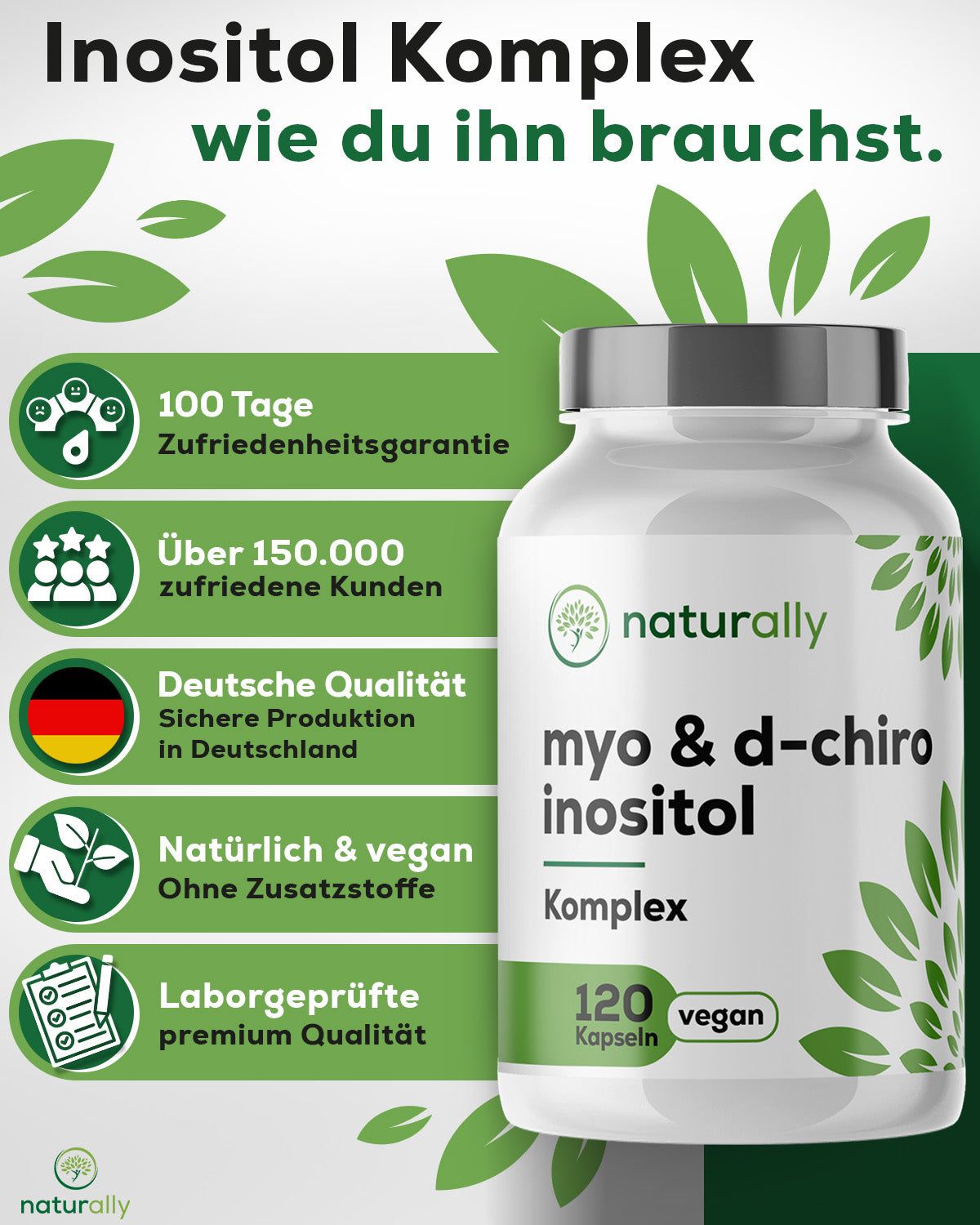 Weißes Pillenfläschchen mit Text: naturally myo & d-chiro inositol Komplex. 120 Kapseln. Logos: 100 Tage Zufriedenheitsgarantie, über 150.000 zufriedene Kunden.