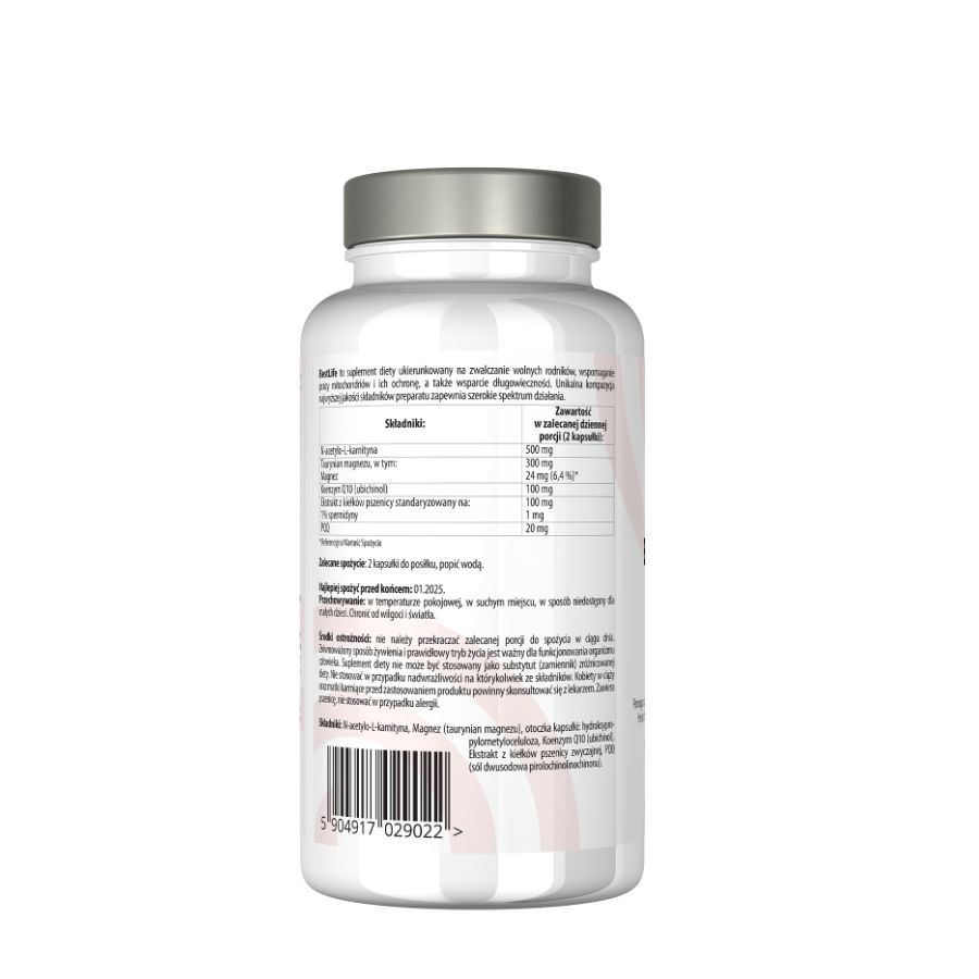 Rückseite einer weißen Flasche mit silbernem Deckel. Enthält Informationen zu Inhaltsstoffen und Nährwerten. Barcode unten.