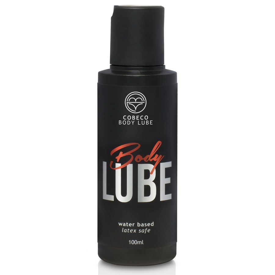 Schwarze Flasche Cobeco Body Lube, 100ml. Wasserbasiert, latextauglich.