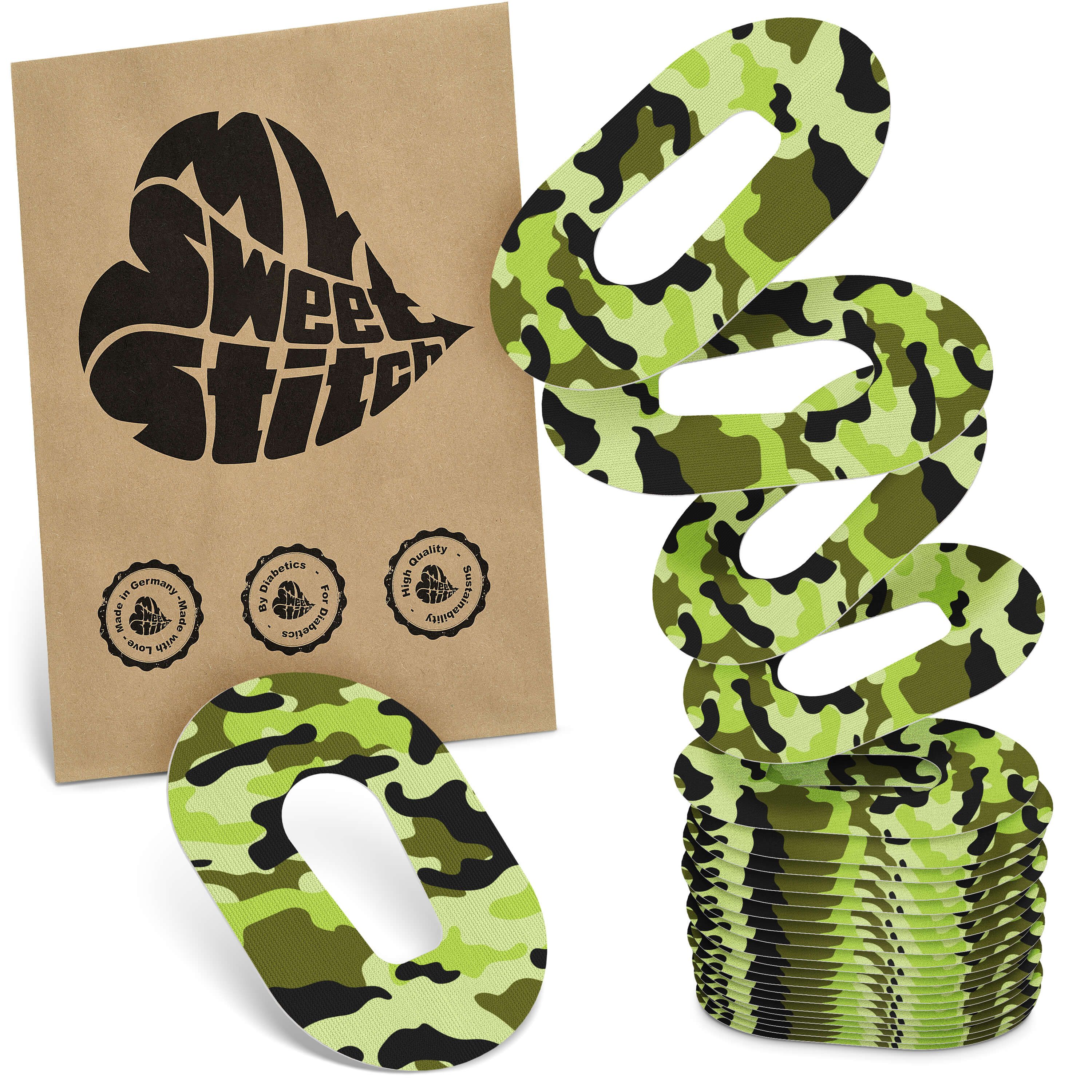Ringpflaster mit Camouflage-Muster. Braune Verpackung mit Logo und Siegeln.