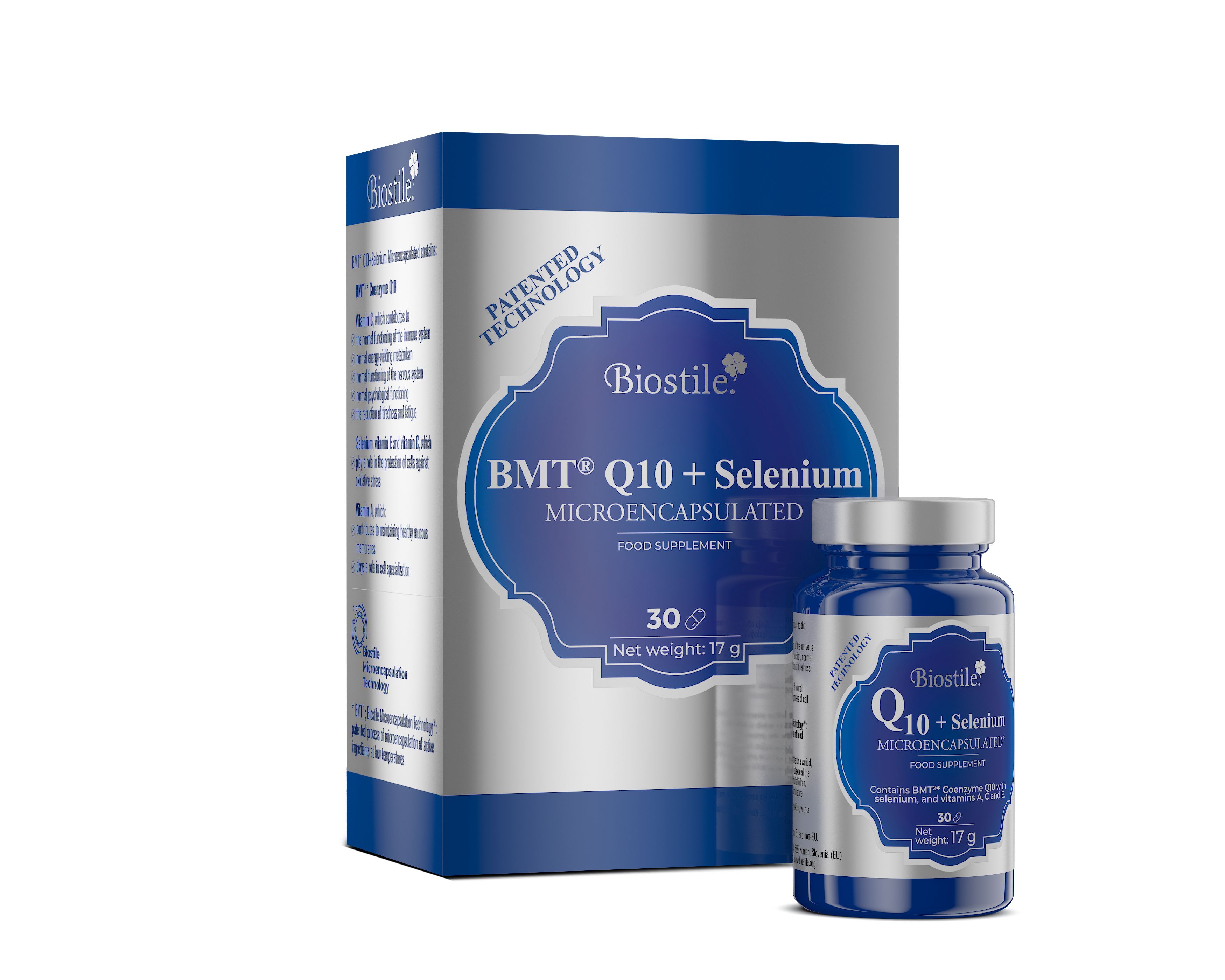 Blaues Fläschchen und Schachtel mit Produktaufdruck. Aufschrift: BMT Q10+Selenium Microencapsulated. 30 Kapseln.