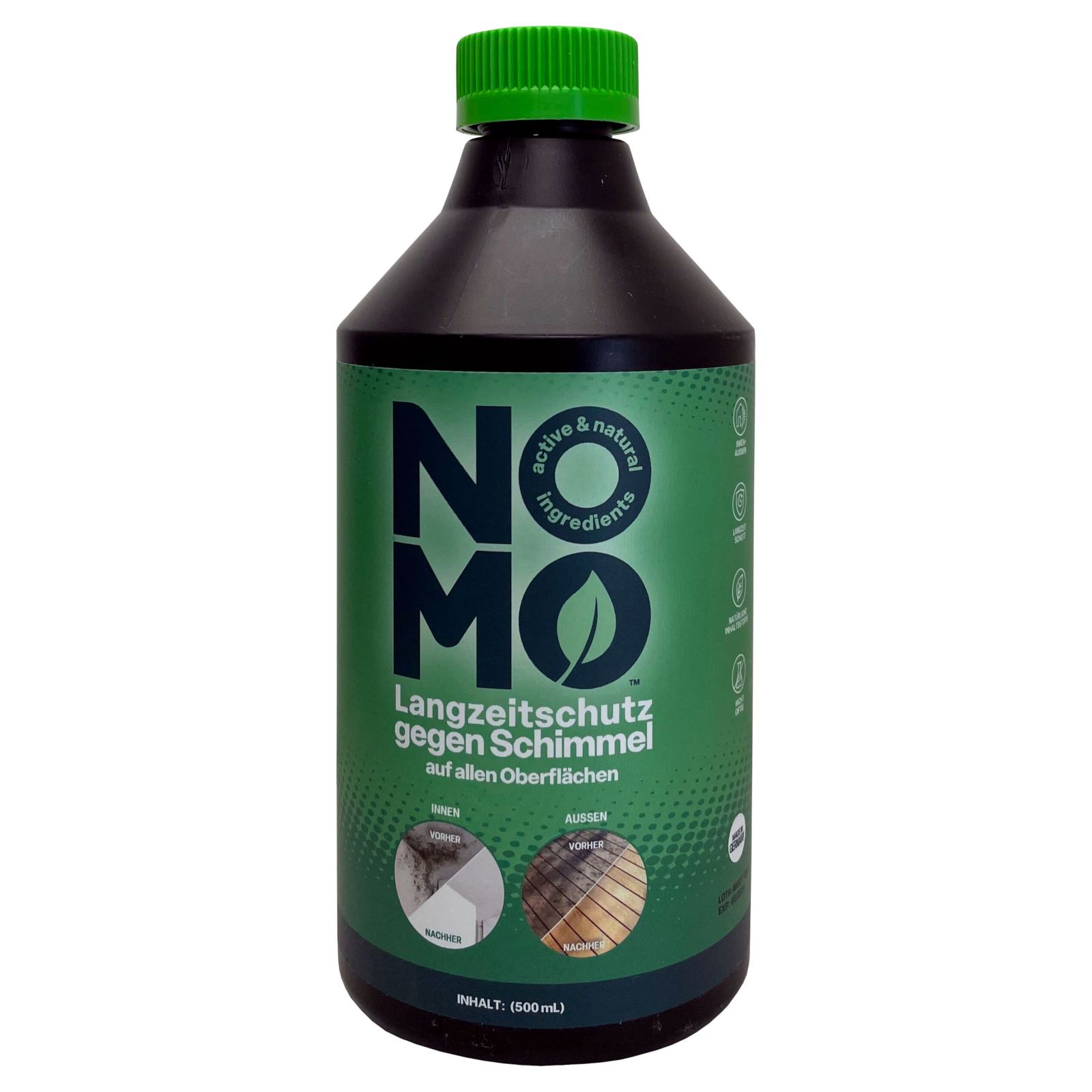 Schwarze Flasche mit grünem Deckel. Aufschrift: NOMO, Langzeitschutz gegen Schimmel. Abbildungen von Oberflächen.