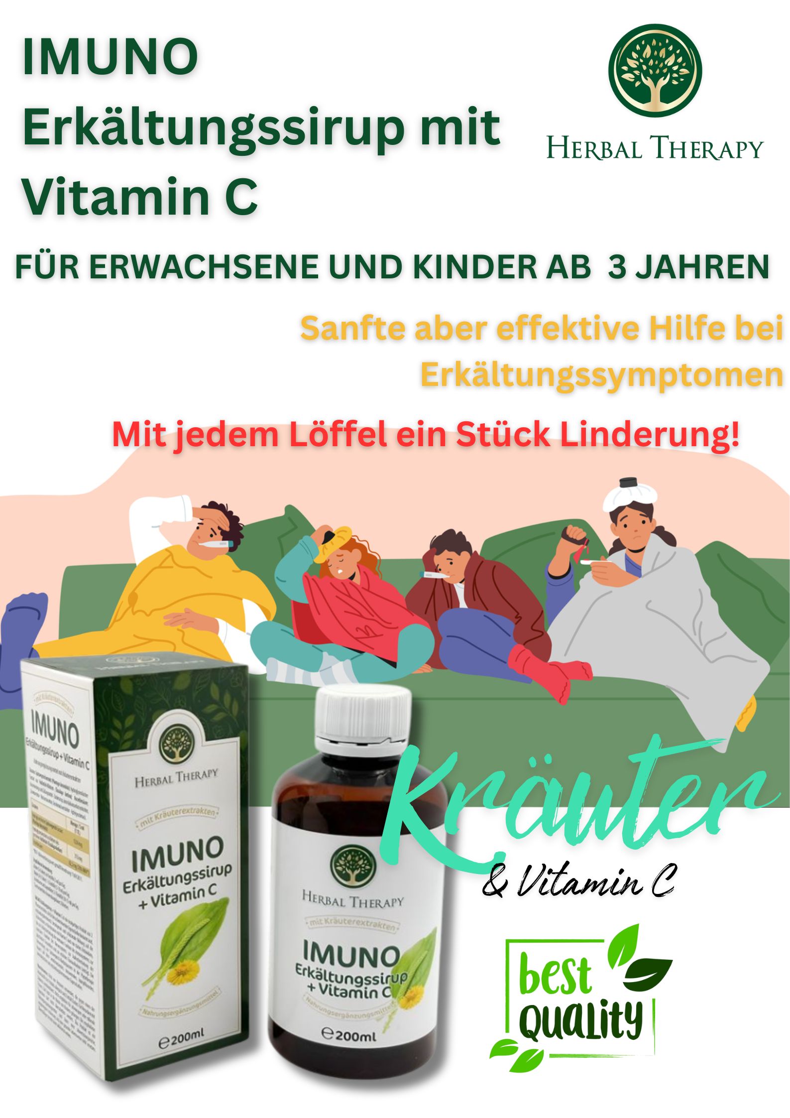 Menschen auf einer Couch. Flasche und Karton mit Aufschrift: IMUNO Erkältungssirup + Vitamin C. Herbal Therapy Logo.