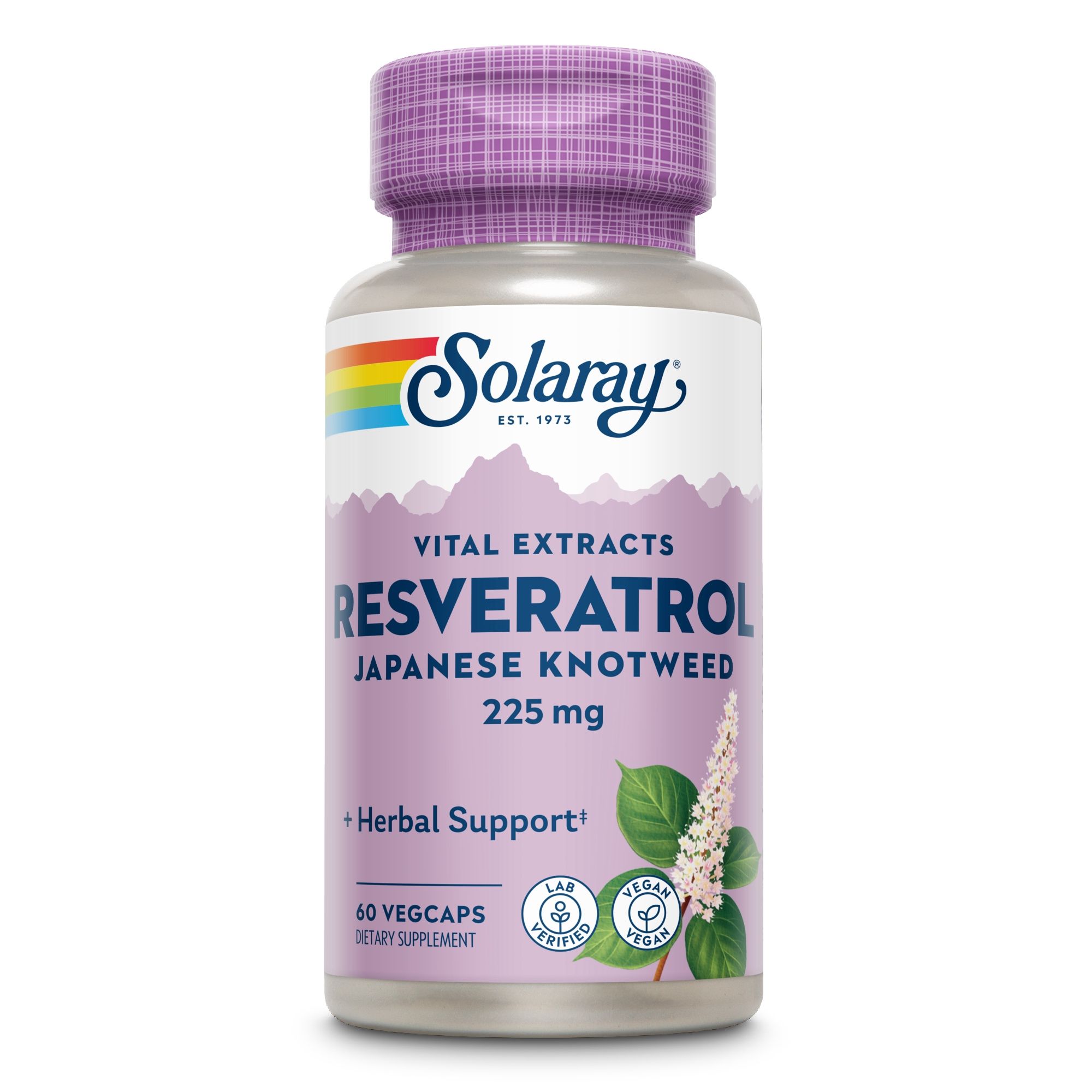 Solaray Resveratrol Triple Strength Flasche. 60 Vegicaps. Aufschrift: Vital Extracts, Japanese Knotweed 225 mg. Herbal Support. Vegan-Zertifizierung.
