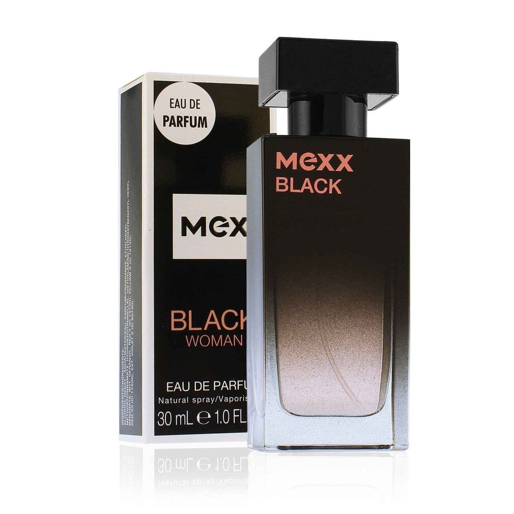 Schwarzer Flakon mit schwarzem Deckel und Verpackung. Aufschrift: Mexx Black Woman Eau de Parfum. 30 ml.