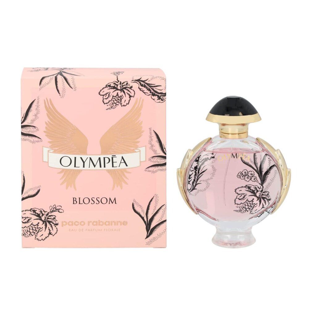 Rosa Schachtel und Flakon. Aufschrift Olympéa Blossom. Flakon rund, rosa Flüssigkeit, florales Design. Marke Paco Rabanne.