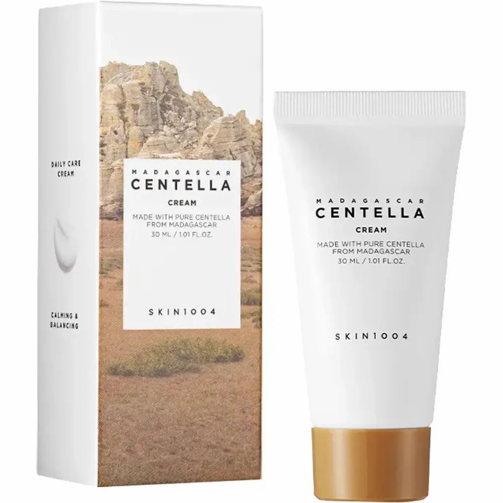 Produktverpackung und Tube. Aufschrift: MADAGASCAR CENTELLA CREAM, SKIN1004. 30 ml.