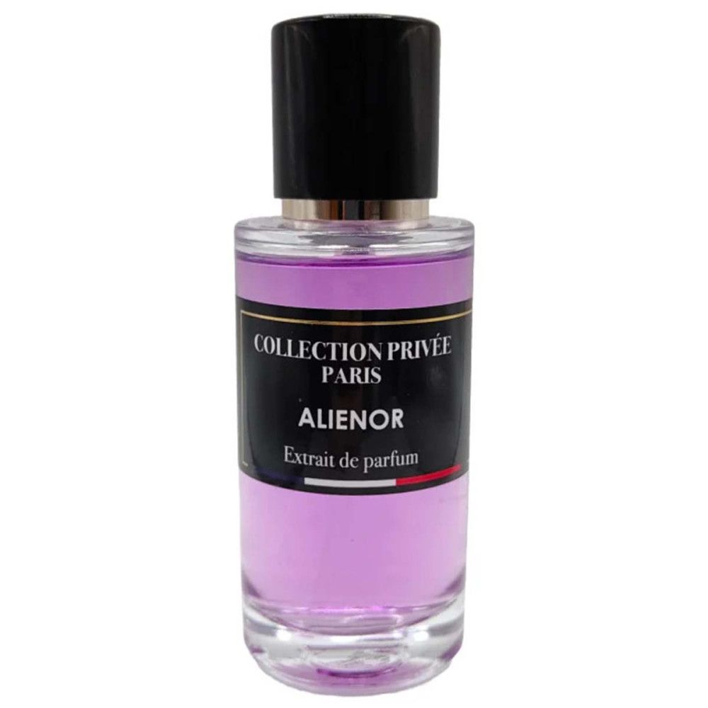 Parfümflakon mit schwarzem Deckel. Aufschrift: Collection Privée Paris, Alienor, Extrait de parfum. Flüssigkeit: lila.