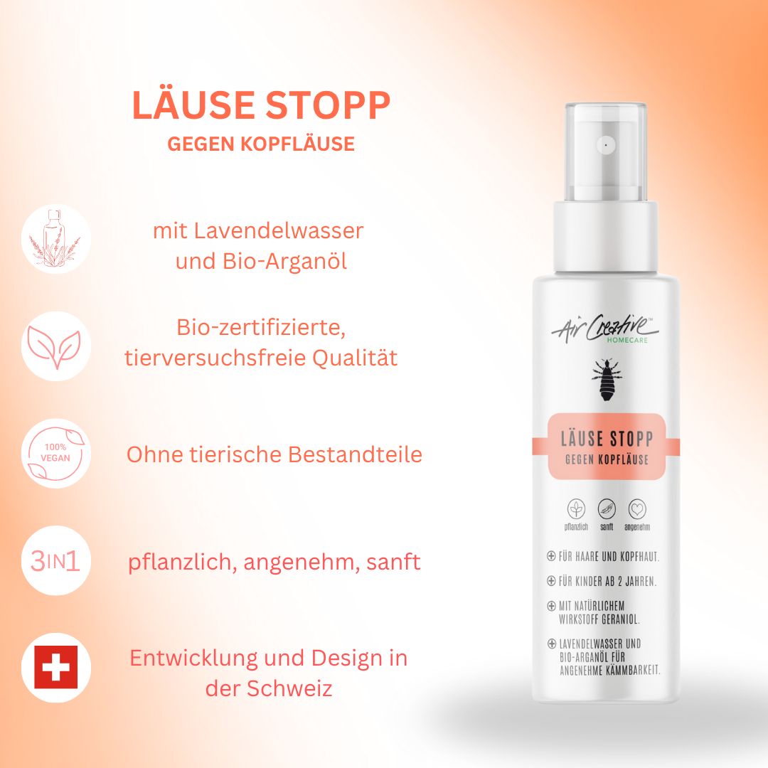 Produktflasche. Text: Läuse Stopp gegen Kopfläuse. Marke: Air Creative. Logos: vegan, tierversuchsfrei, 3in1.