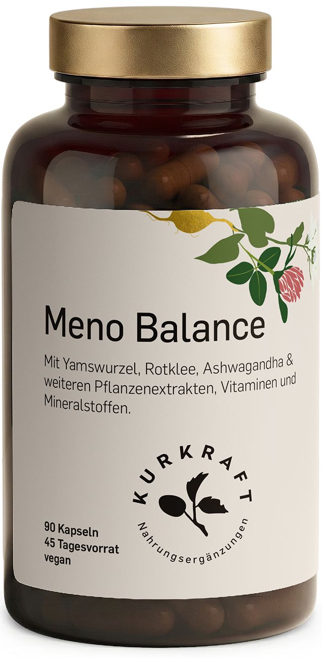 Braune Glasflasche mit Meno Balance Kapseln. Weißes Etikett mit Produktnamen und Logo. Text: 90 Kapseln, 45 Tagesvorrat, vegan.