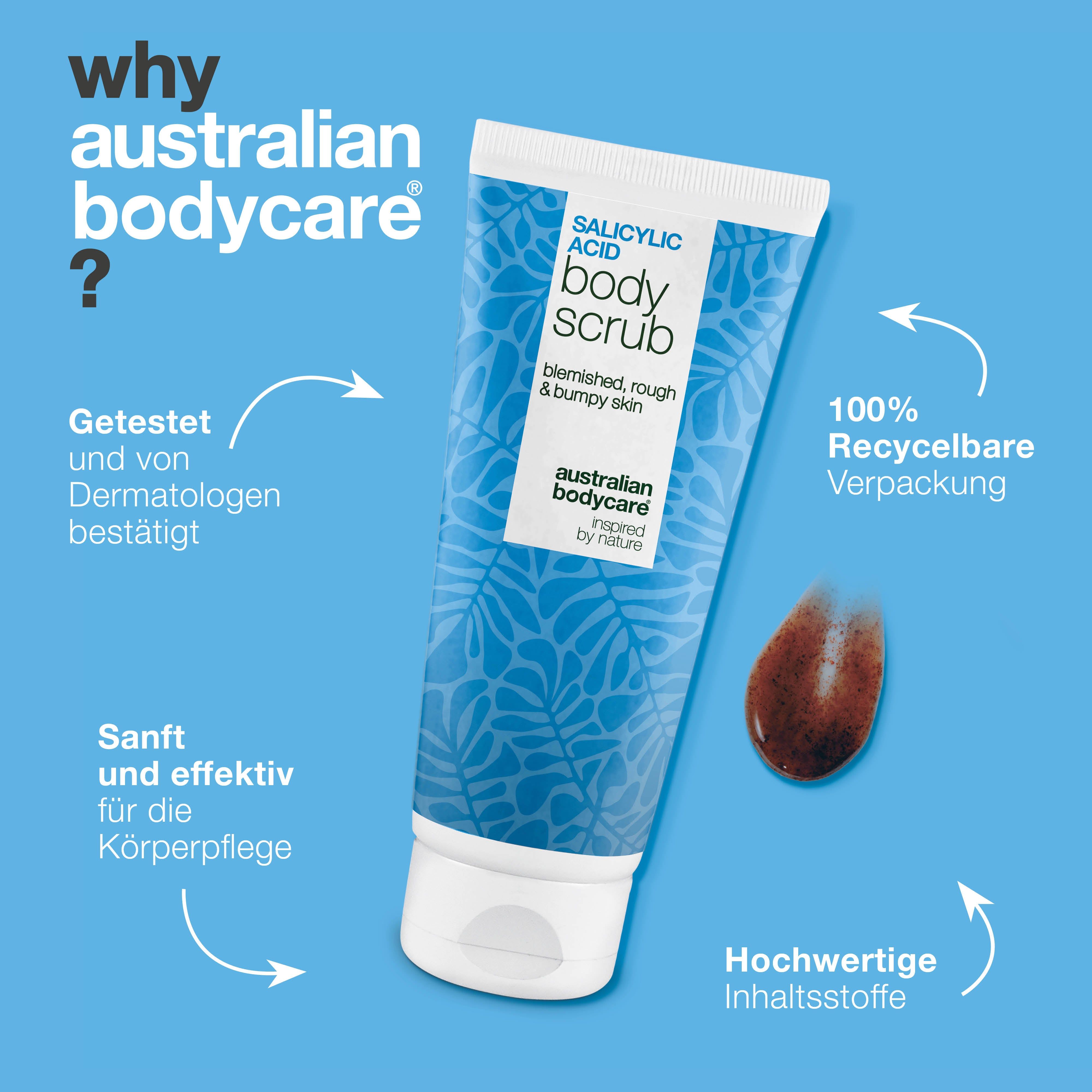 Body Scrub Tube. Text: Warum Australian Bodycare? Pfeile zeigen auf: Dermatologen, Verpackung, Inhaltsstoffe.