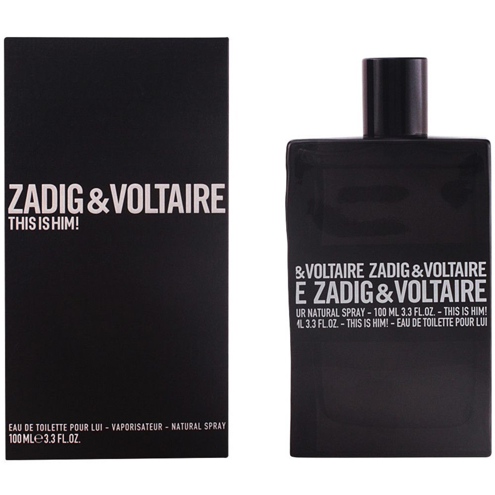 Schwarzer Flakon und Verpackung. Aufschrift: ZADIG & VOLTAIRE THIS IS HIM! Eau de Toilette.