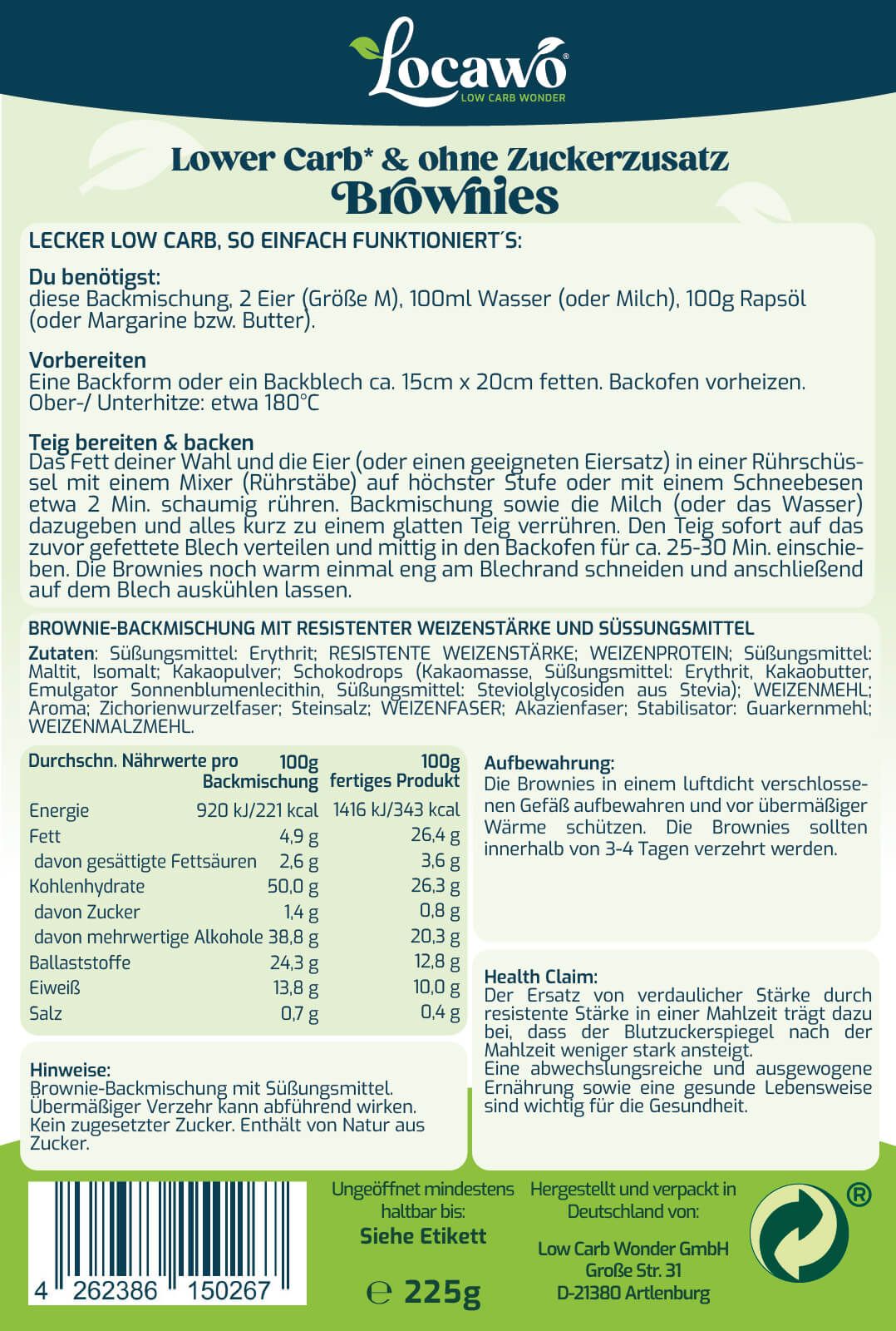 Rückseite der Verpackung. Text: Zutaten, Nährwerte, Hinweise. Angaben zur Zubereitung. Herstellerinformationen.