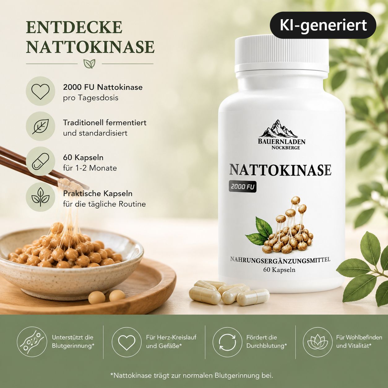 Flasche mit Nattokinase-Kapseln, daneben eine Schale mit fermentierten Sojabohnen und Stäbchen.