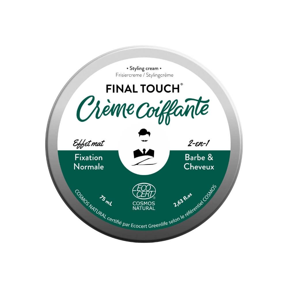 Runde Dose mit "Final Touch Crème Coiffante". 2-in-1 für Bart & Haare. Aufschrift "Effet mat" und "Fixation Normale".