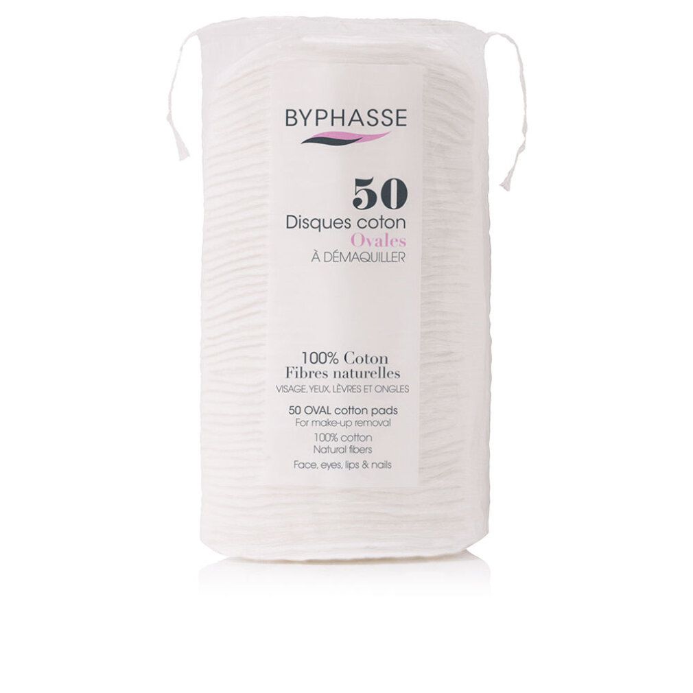 Beutel mit ovalen Wattepads. Aufdruck: BYPHASSE, 50, Disques coton, À DÉMAQUILLER, 100% Coton, Fibres naturelles. Für Gesicht, Augen, Lippen & Nägel.