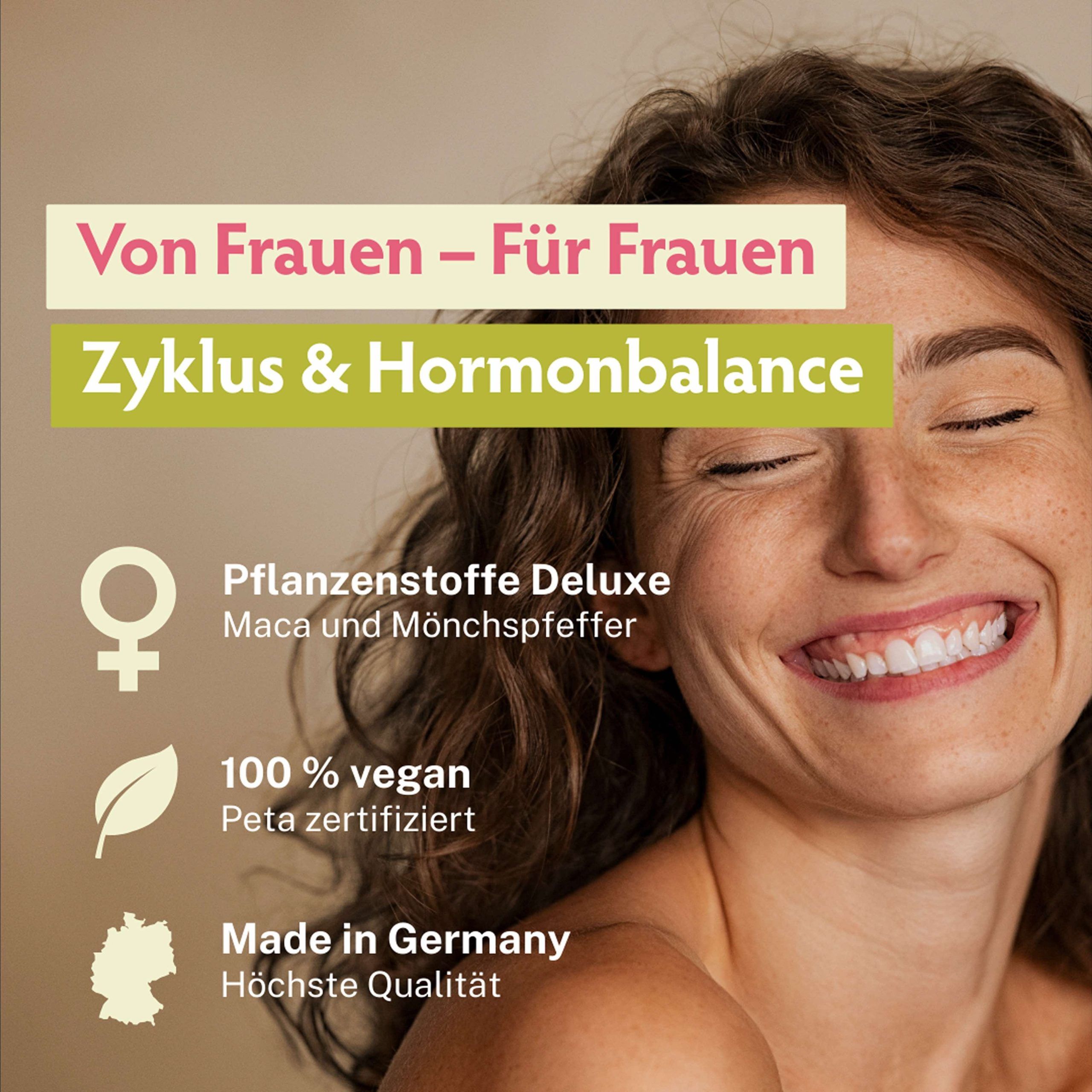 Frau lächelt. Text: Von Frauen - Für Frauen, Zyklus & Hormonbalance. 100% vegan, Peta zertifiziert, Made in Germany.