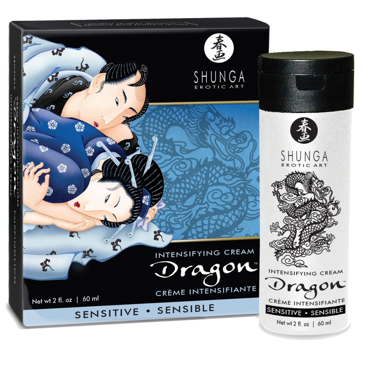 Schwarze Schachtel und Tube. Auf der Schachtel: Illustration, Schriftzug "Shunga Dragon Intensifying Cream". Auf der Tube: Drachen-Illustration.