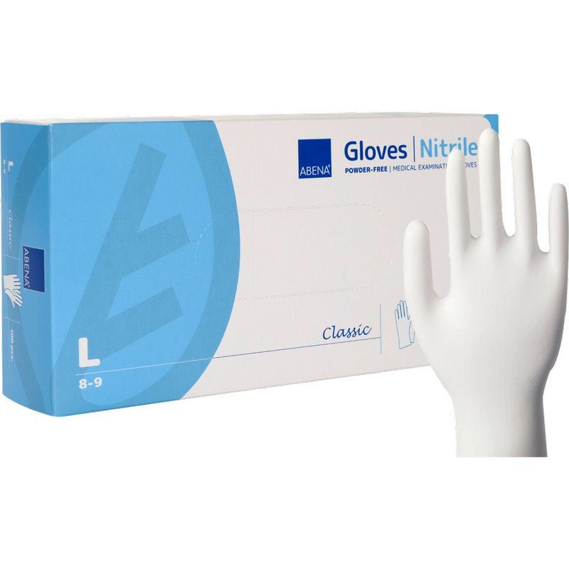 Weiße Nitril-Handschuhe neben Verpackung. Größe L, 8-9. Marke ABENA, Classic, puderfrei.