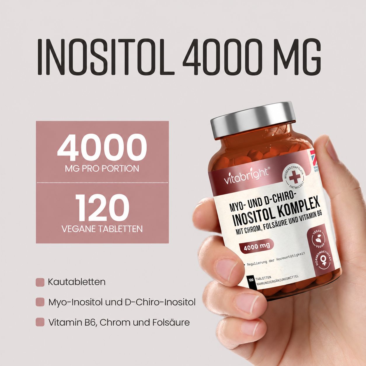 Vitabright INOSITOL 4000 MG: 120 vegane Kautabletten mit Myo-Inositol, D-Chiro-Inositol, Vitamin B6, Chrom, Folsäure.