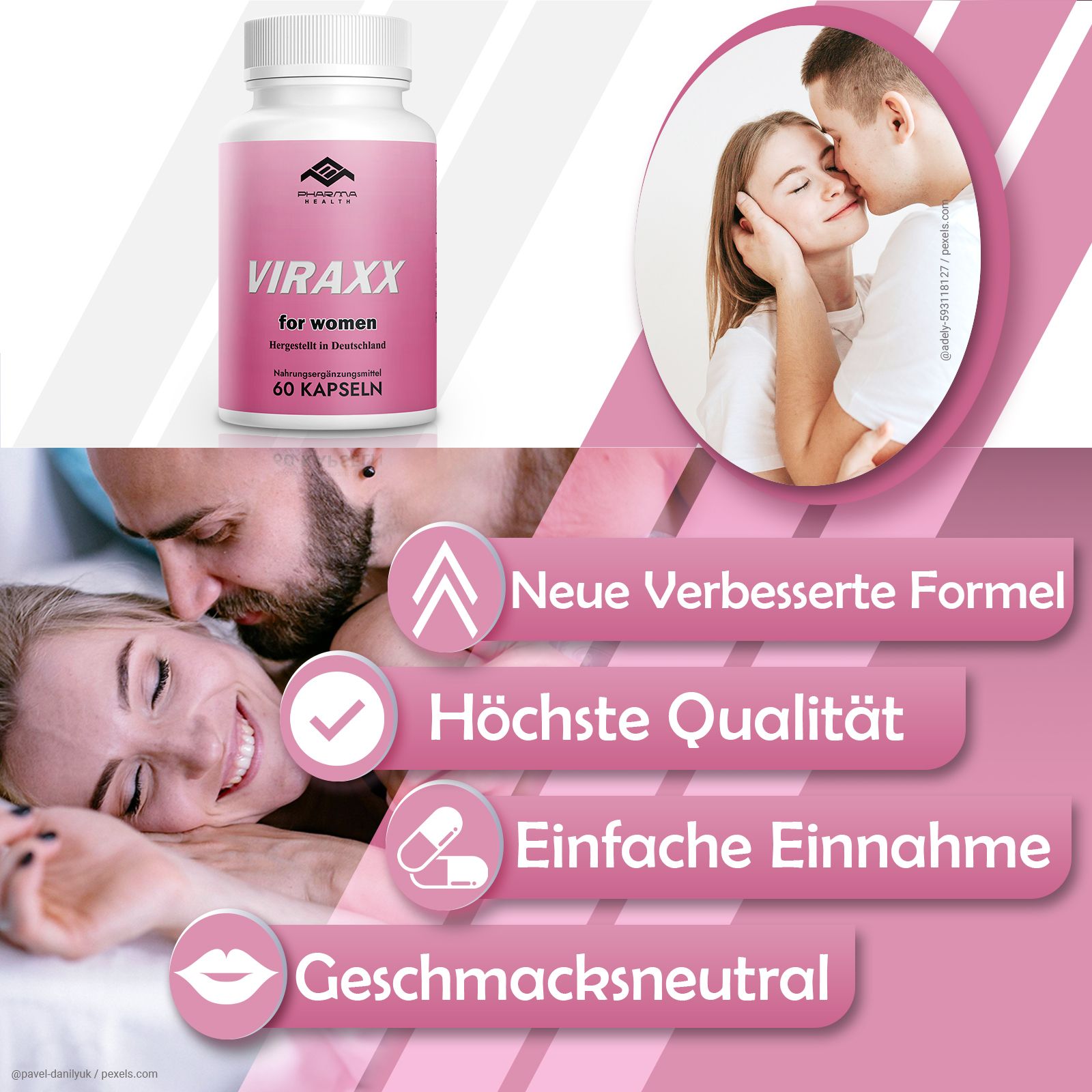 Rosa Flasche mit weißem Deckel. Aufschrift: VIRAX for women, 60 Kapseln. Hintergrund: Paar, Text mit Vorteilen.