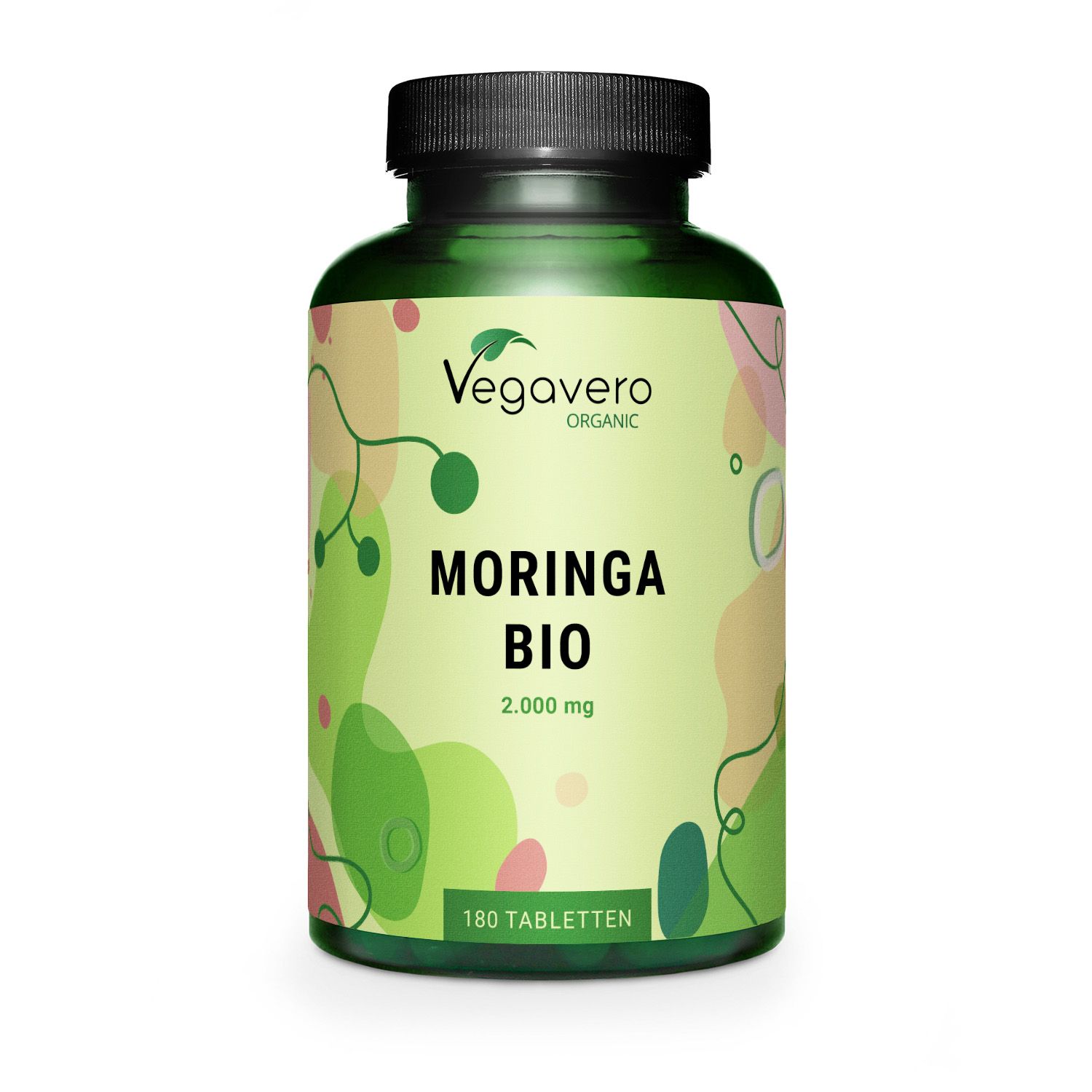 Grüne Glasflasche mit schwarzem Deckel. Aufschrift: Moringa BIO, 2.000 mg, 180 Tabletten. Vegavaro Logo.