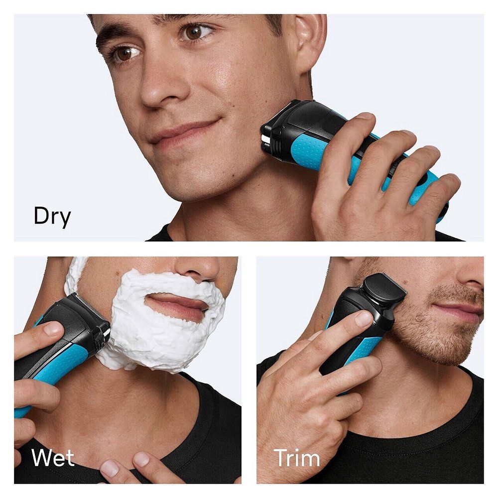 Braun Series 3 Rasierer in Anwendung: Trockenrasur, Nassrasur mit Rasierschaum und Trimmen.