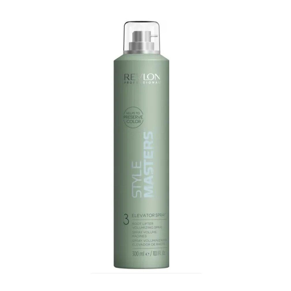 Grüne Sprühflasche mit weißem Sprühkopf. Aufschrift: Revlon, Style Masters, Elevator Spray, Root Lifter. Volumen: 300 ml.