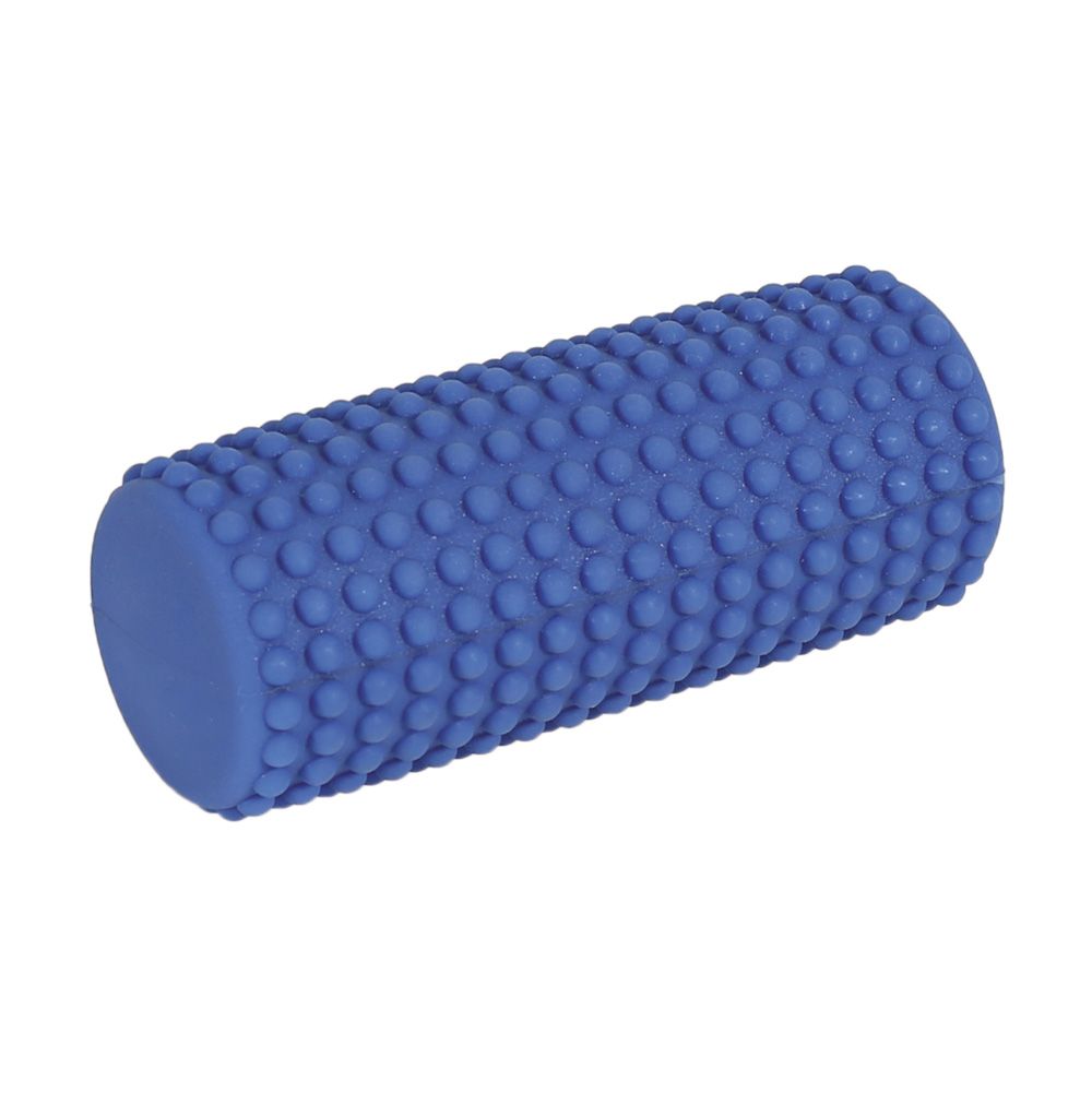 Blaue, zylindrische Fitnessrolle mit Noppen auf der Oberfläche. Glatte Enden.