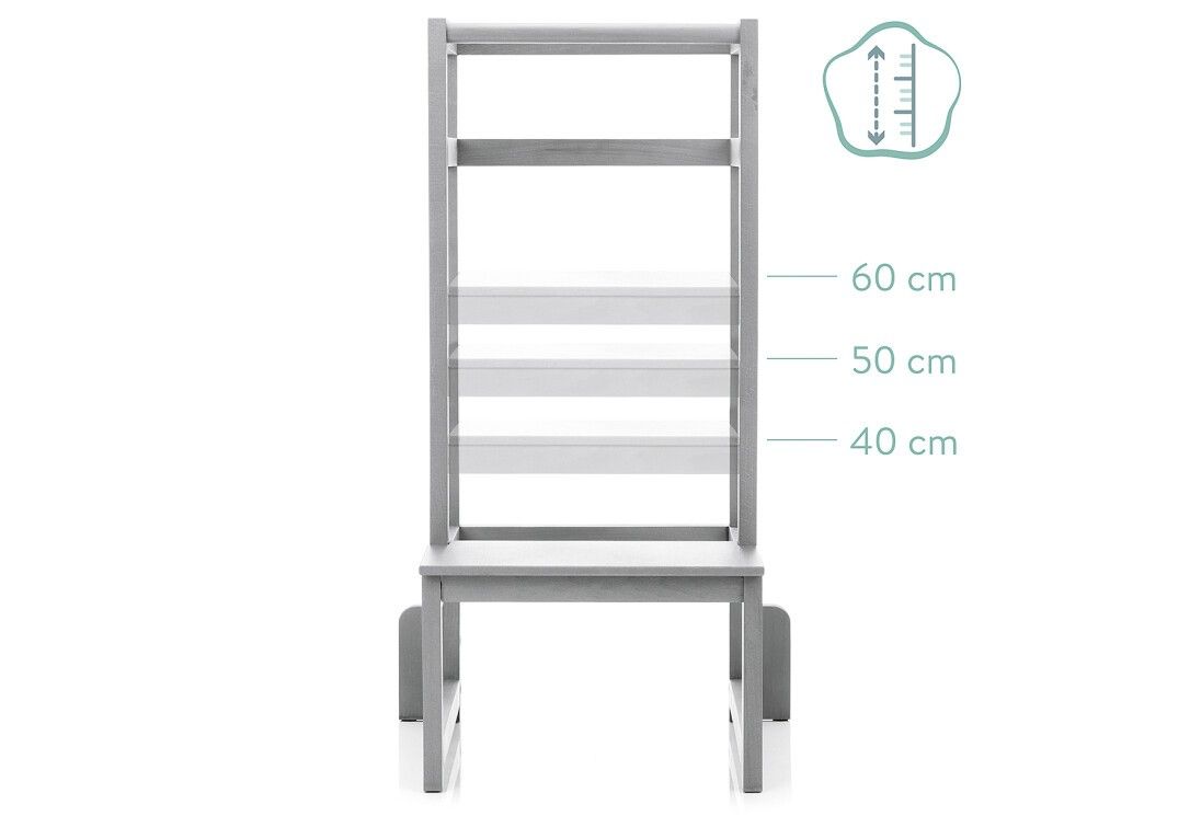Grauer Lernturm mit verstellbaren Höhen von 40, 50 und 60 cm. Frontansicht mit Höhenangaben.