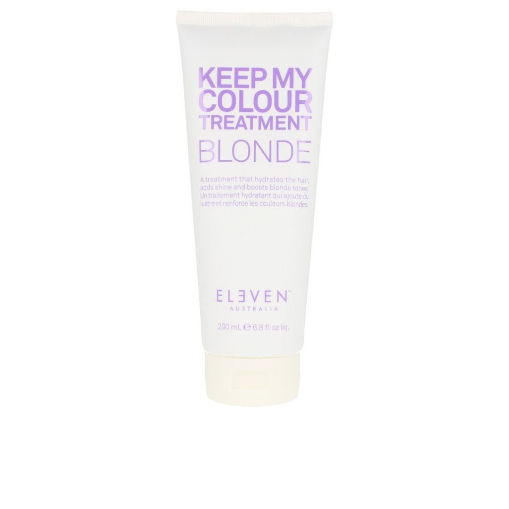 Weiße Tube mit lila Schrift: Keep My Colour Treatment Blonde. Enthält 200 ml.