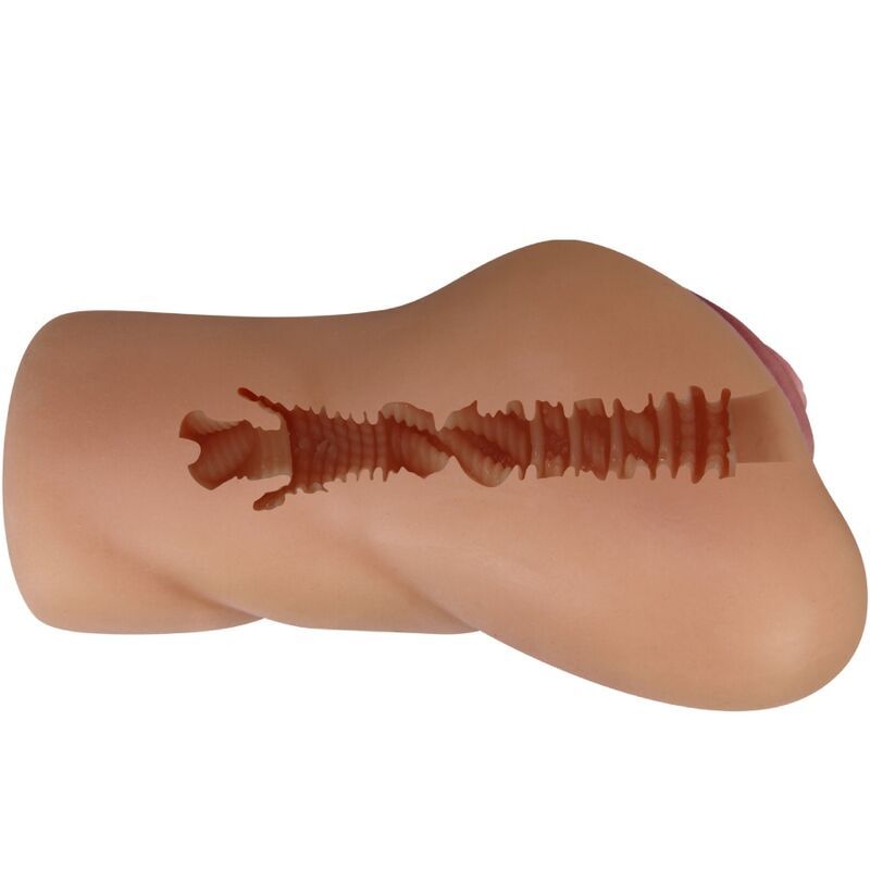 Fleischfarbenes Masturbationsgerät, seitliche Ansicht. Gerippte Innenseite sichtbar. Rosafarbene Öffnung.