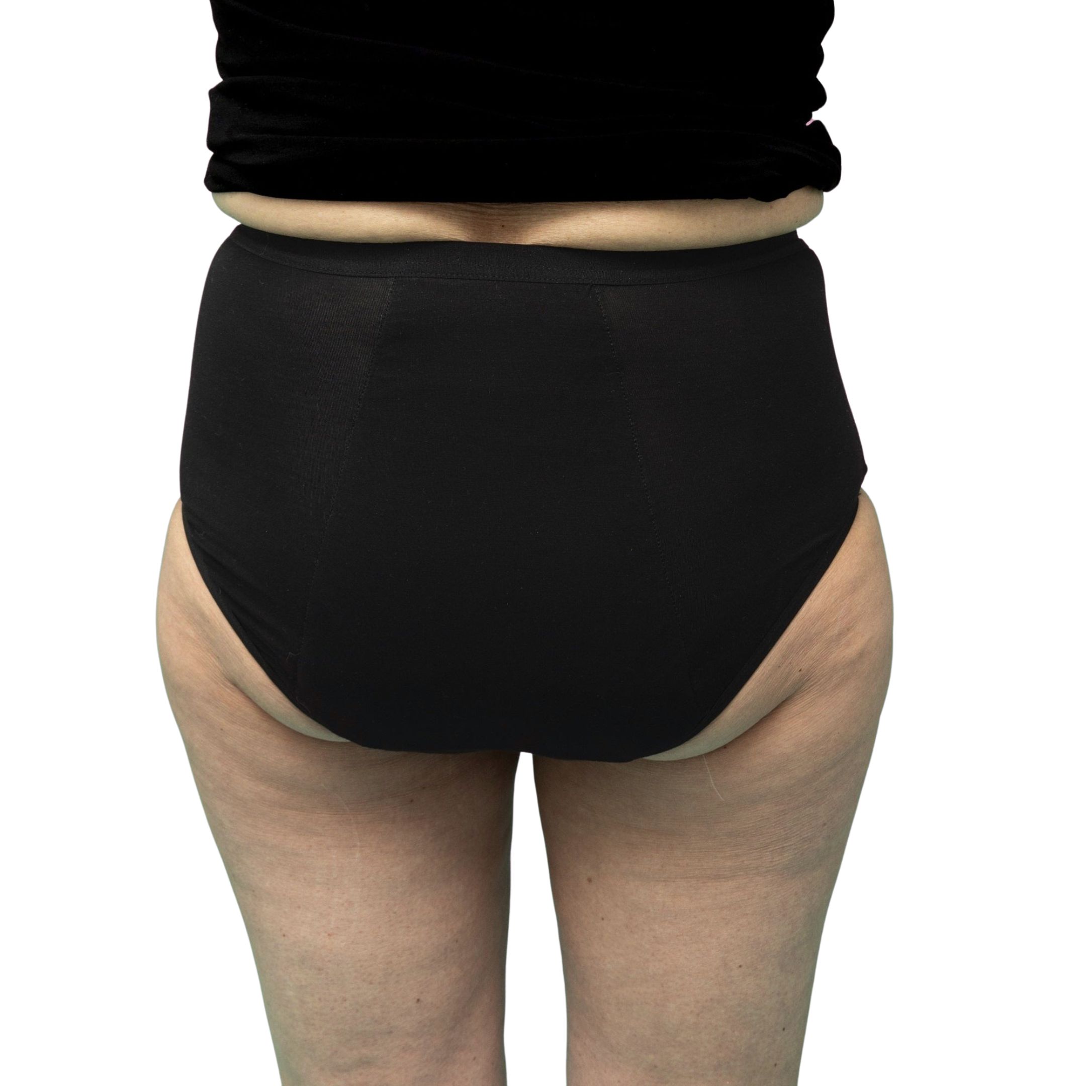 Rückansicht einer Frau, die einen schwarzen Inkontinenzslip trägt. Hoher Bund, bedeckt den Po.