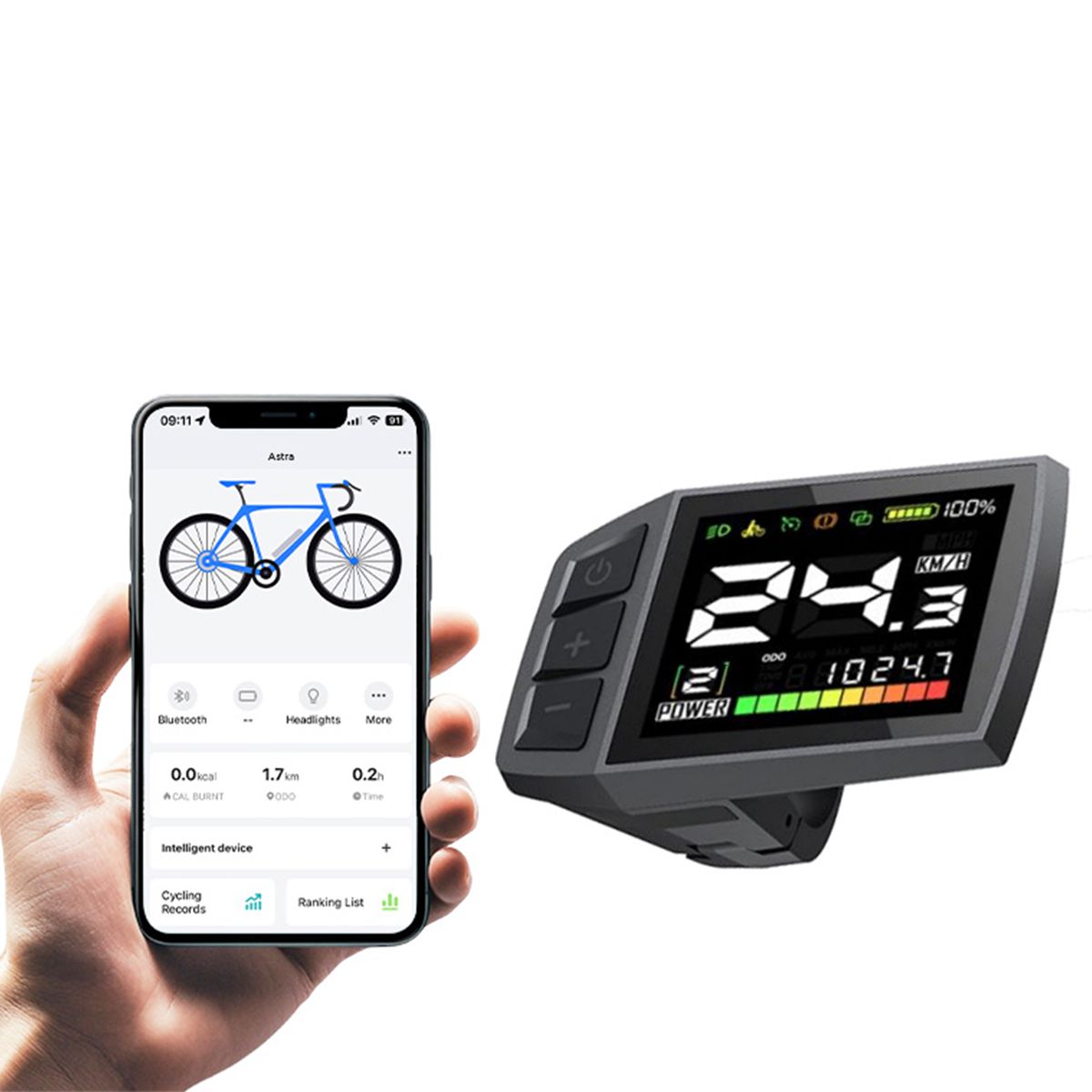 Smartphone mit App und Fahrrad-Symbol. Digitales Display mit Geschwindigkeit, Leistung und Daten.
