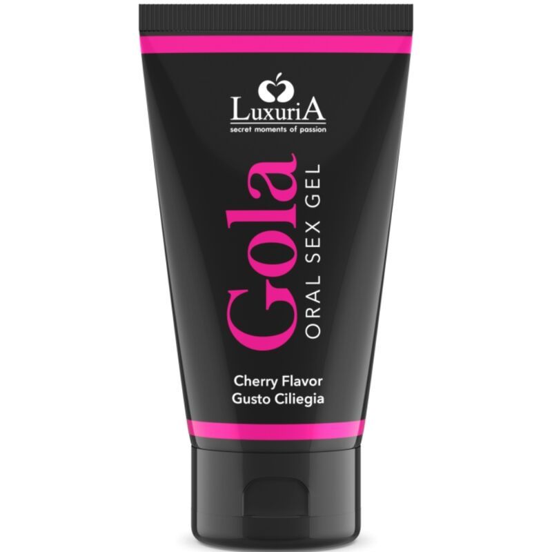 Schwarze Tube mit rosa Akzenten. Text: "Gola Oral Sex Gel", "Cherry Flavor". Logo: Apfel mit Herz.