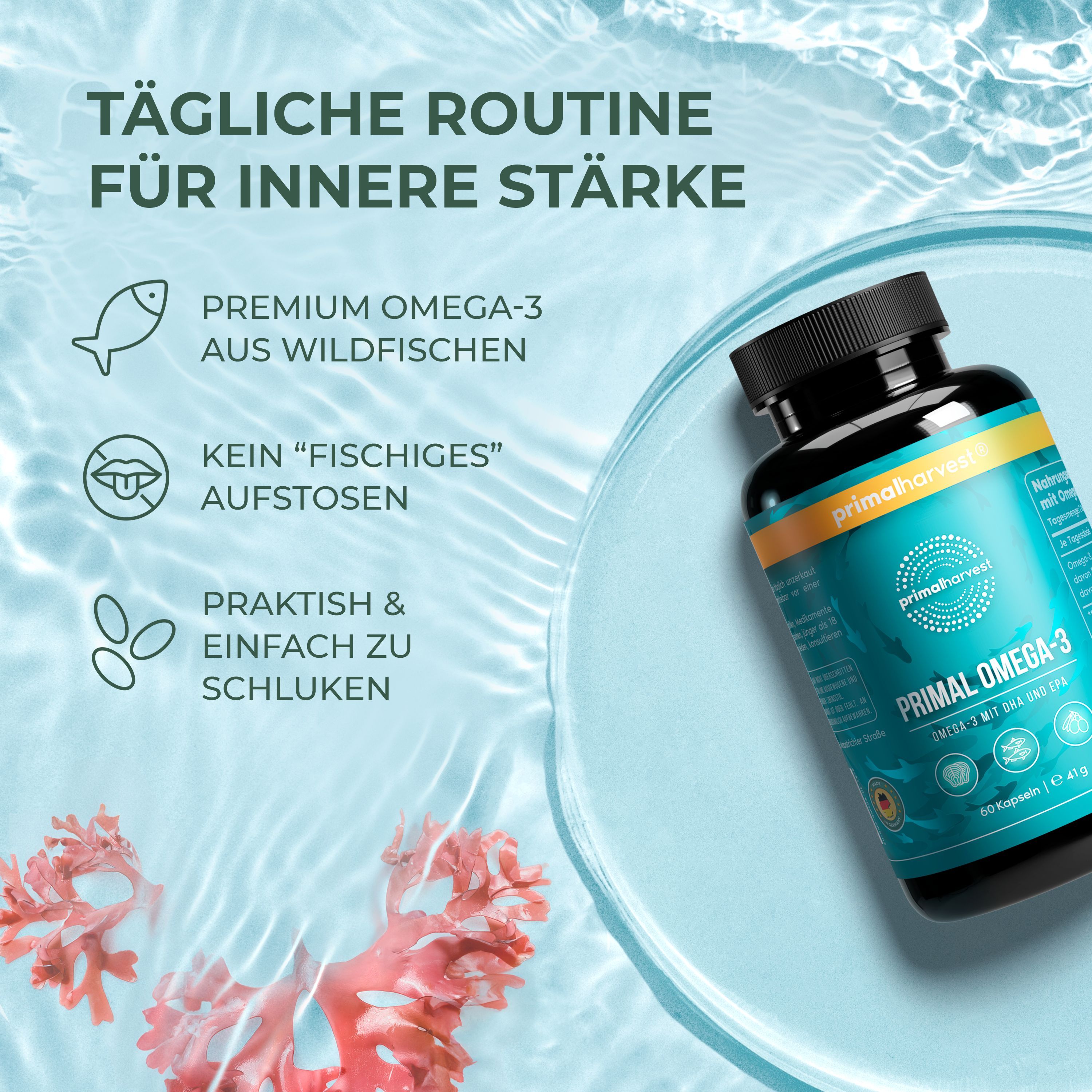 Flasche mit Kapseln im Wasser. Text: Premium Omega-3, kein fischiger Geschmack, leicht zu schlucken.