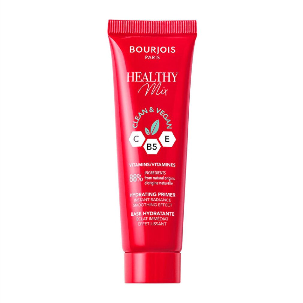 Rote Tube mit Produktaufdruck. Schriftzug: Bourjois Healthy Mix. Enthält Vitamine C, B5, E. Hydrating Primer. Vegan.