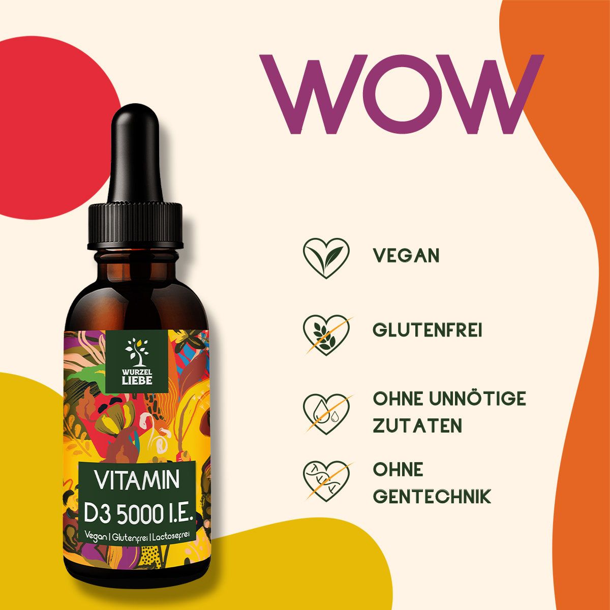 Braune Glasflasche mit Tropfer. Aufschrift: Vitamin D3 5000 i.E. Vegan, glutenfrei, ohne unnötige Zutaten, ohne Gentechnik.