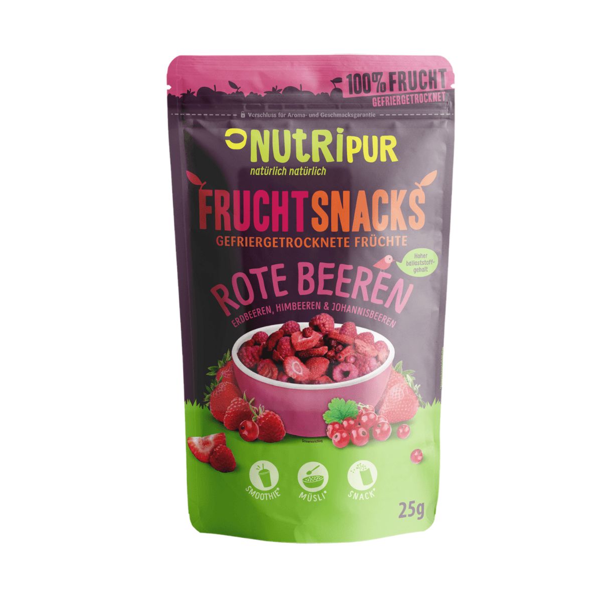 Beutel mit gefriergetrockneten Früchten. Aufschrift: Fruchtsnacks Rote Beeren. 25g. Logo: NutriPur.