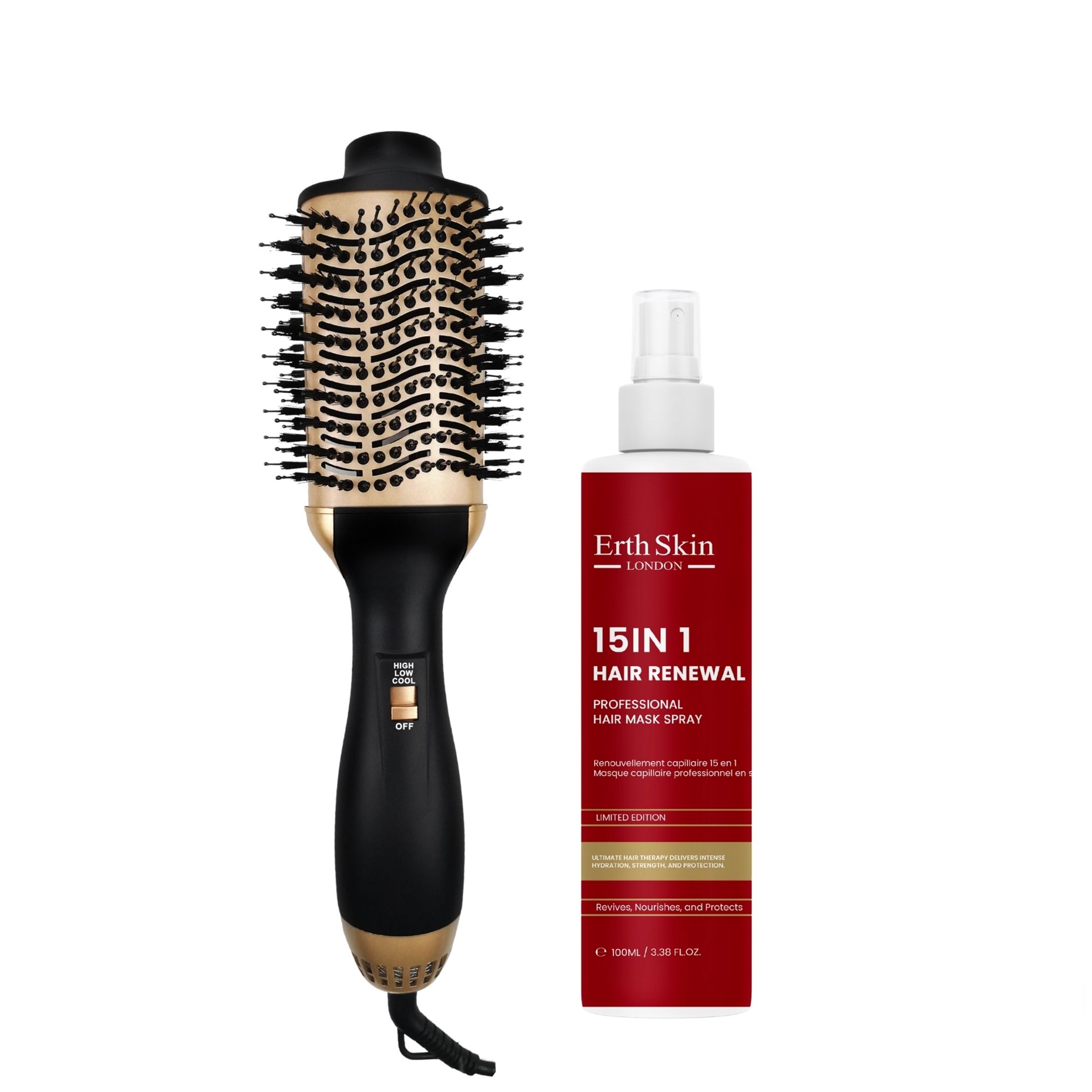 Haartrocknerbürste und Haarspray in einem Set.
